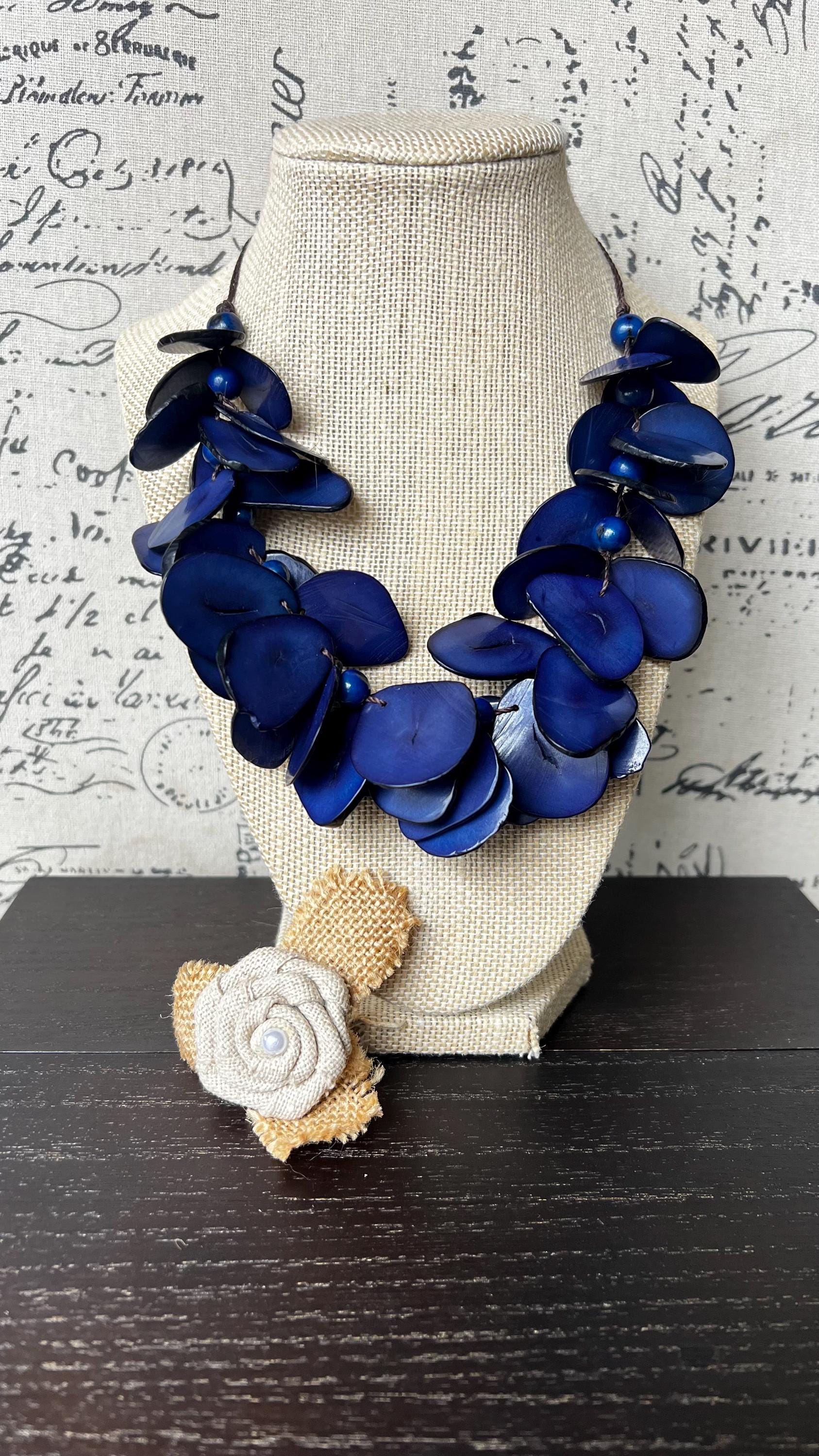 Blue beaded necklace Mothers day gift Tagua jewelry Handmade statement necklace Adjustable cord Wearable art Beautiful necklace Lightweight