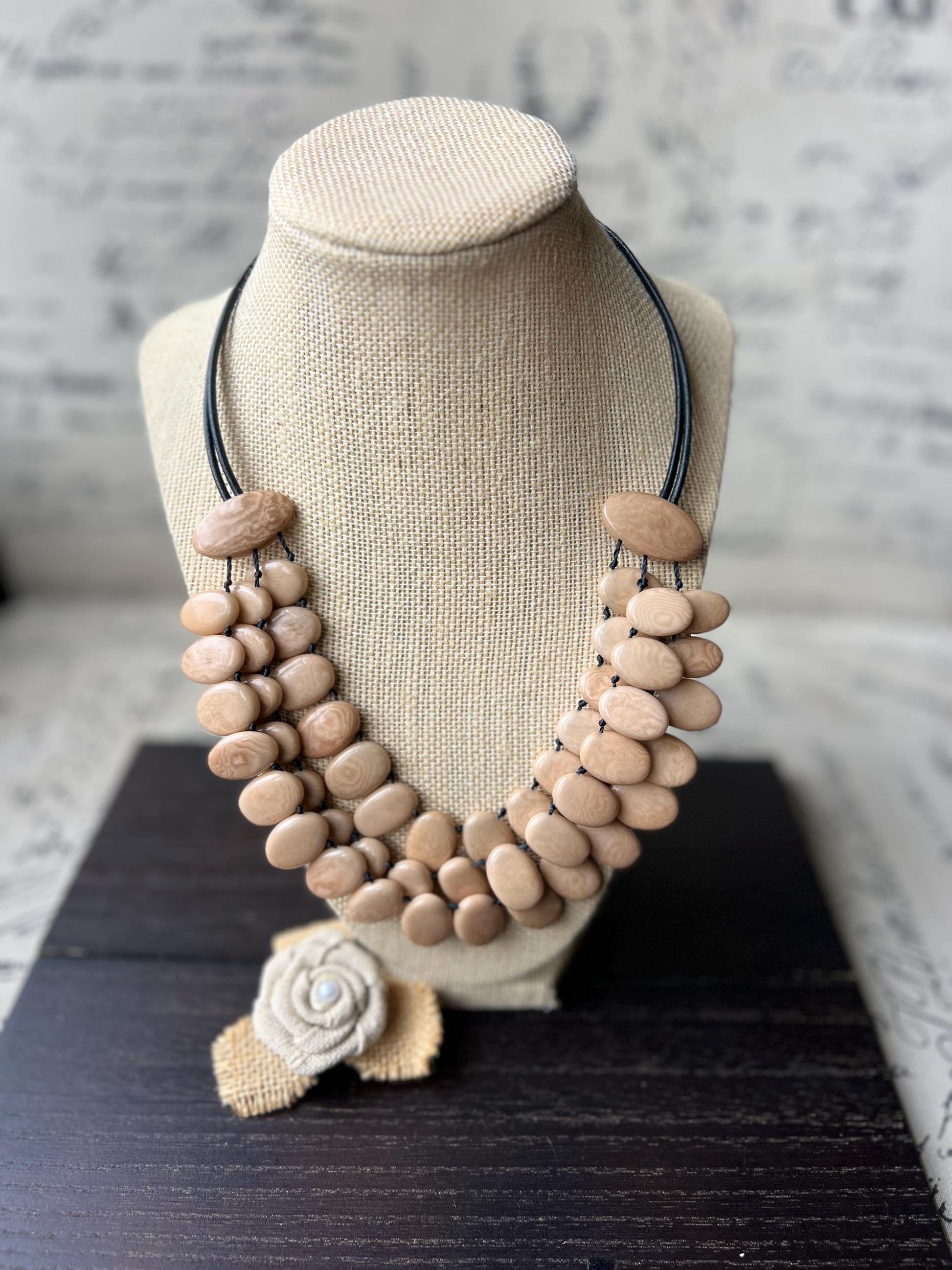 Beige statement necklace Tagua jewelry Big bold necklaces Artsy gifts Fall fashion Wearable art Multi layer necklace Elegant beaded bib