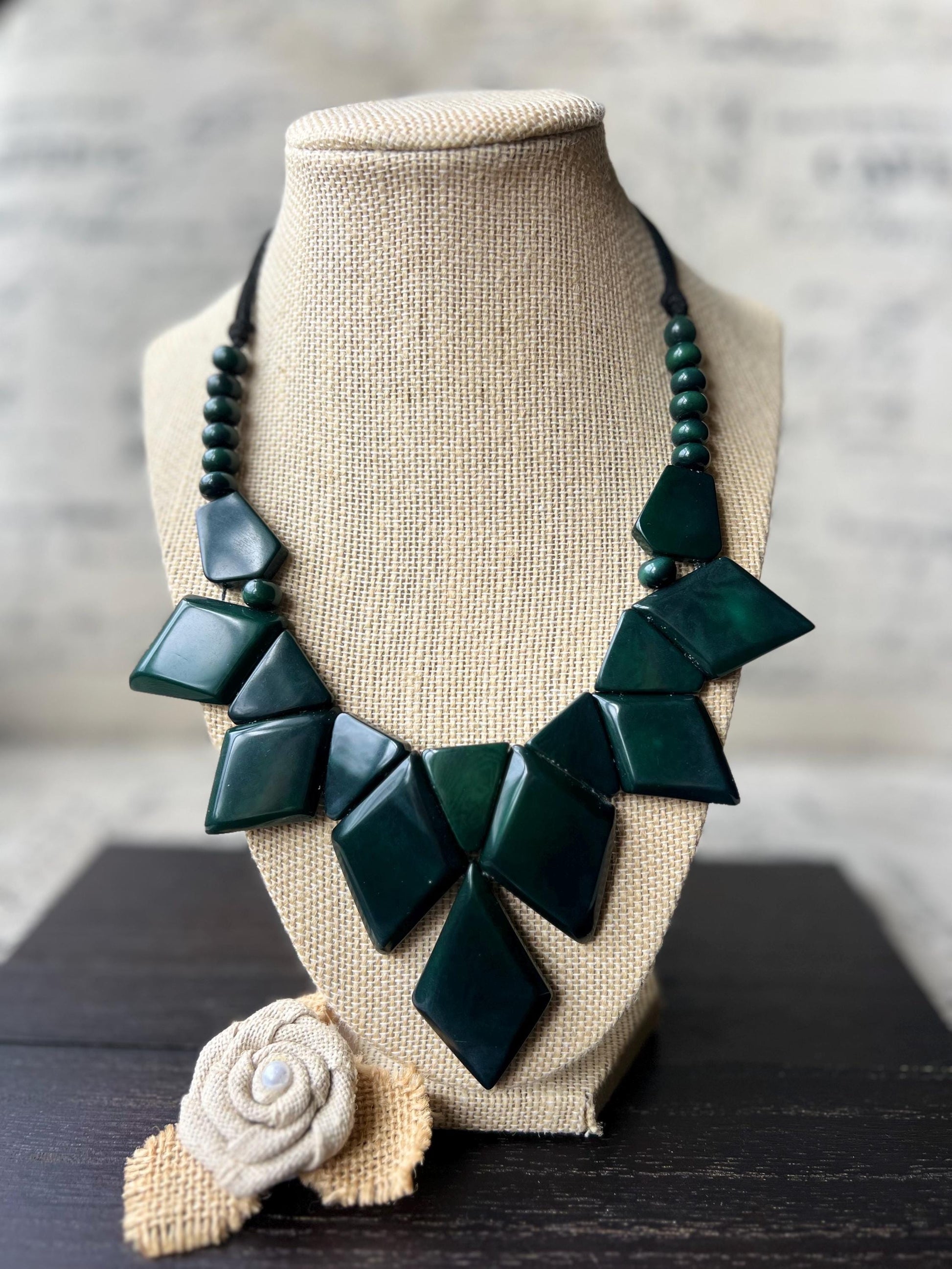 Dark green statement necklace Tagua nut jewelry Art to wear Handmade beaded necklace Adjustable cord Wearable art Geomeric necklace