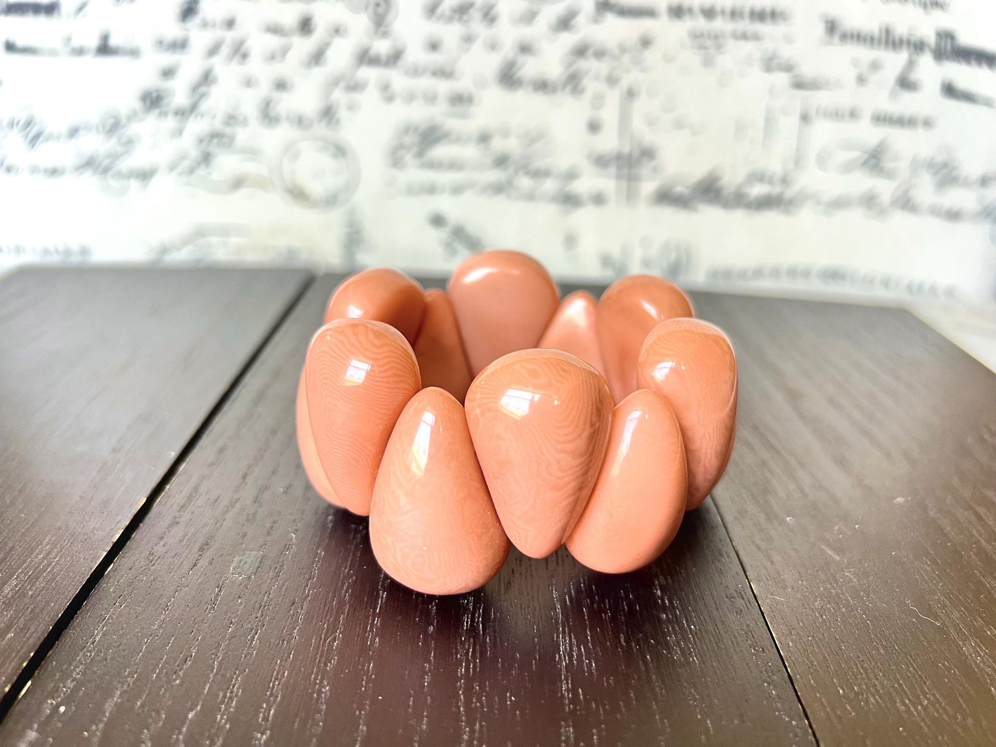 Peach color statement bracelet Fall fashion 2025s Tagua bracelet Thick chunky bangles Elastic stretch bracelet Art to wear Handmade beaded