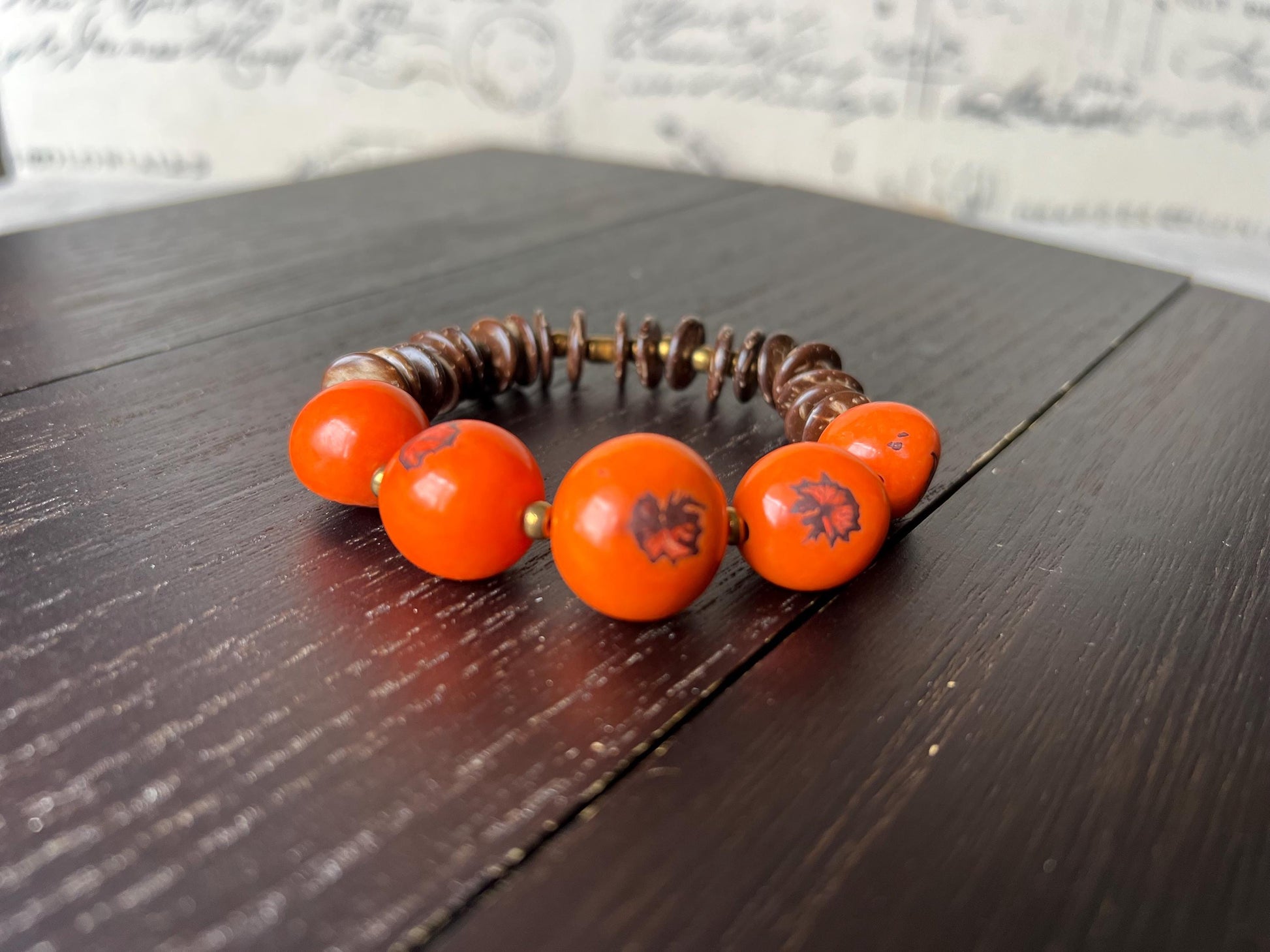 Orange beaded bracelet Tagua and coconut jewelry Artsy gifts Fun unusual bangle Wearable art