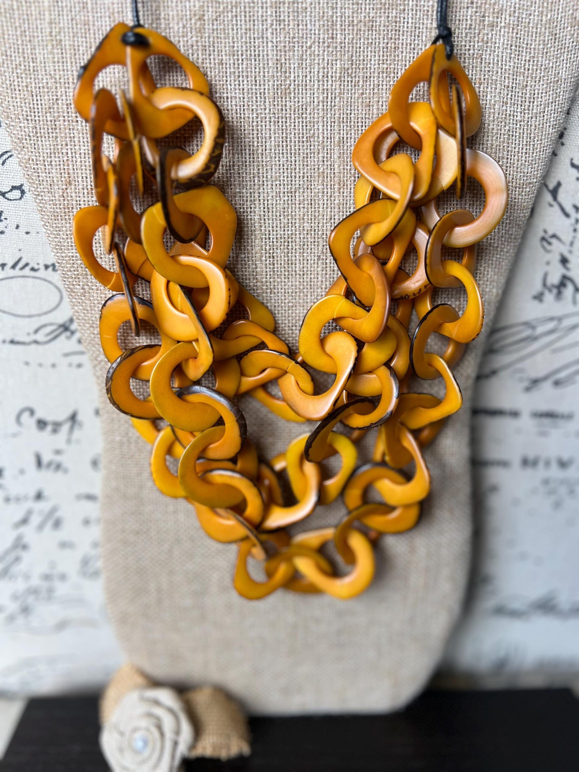 Mustard Yellow Tagua Necklace, Bold Interlocked Loops, Chunky Chain Beaded Necklace