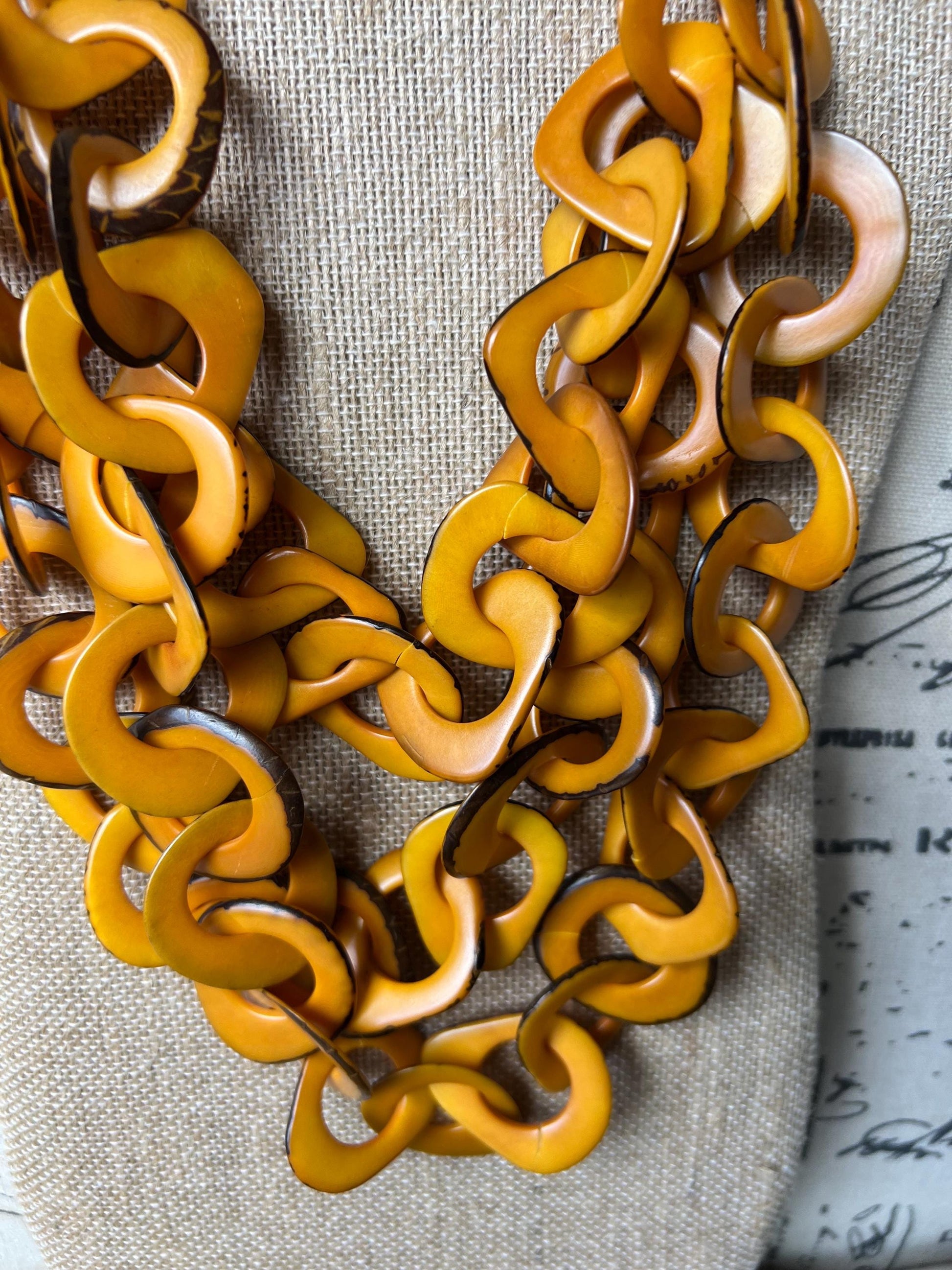Mustard Yellow Tagua Necklace, Bold Interlocked Loops, Chunky Chain Beaded Necklace