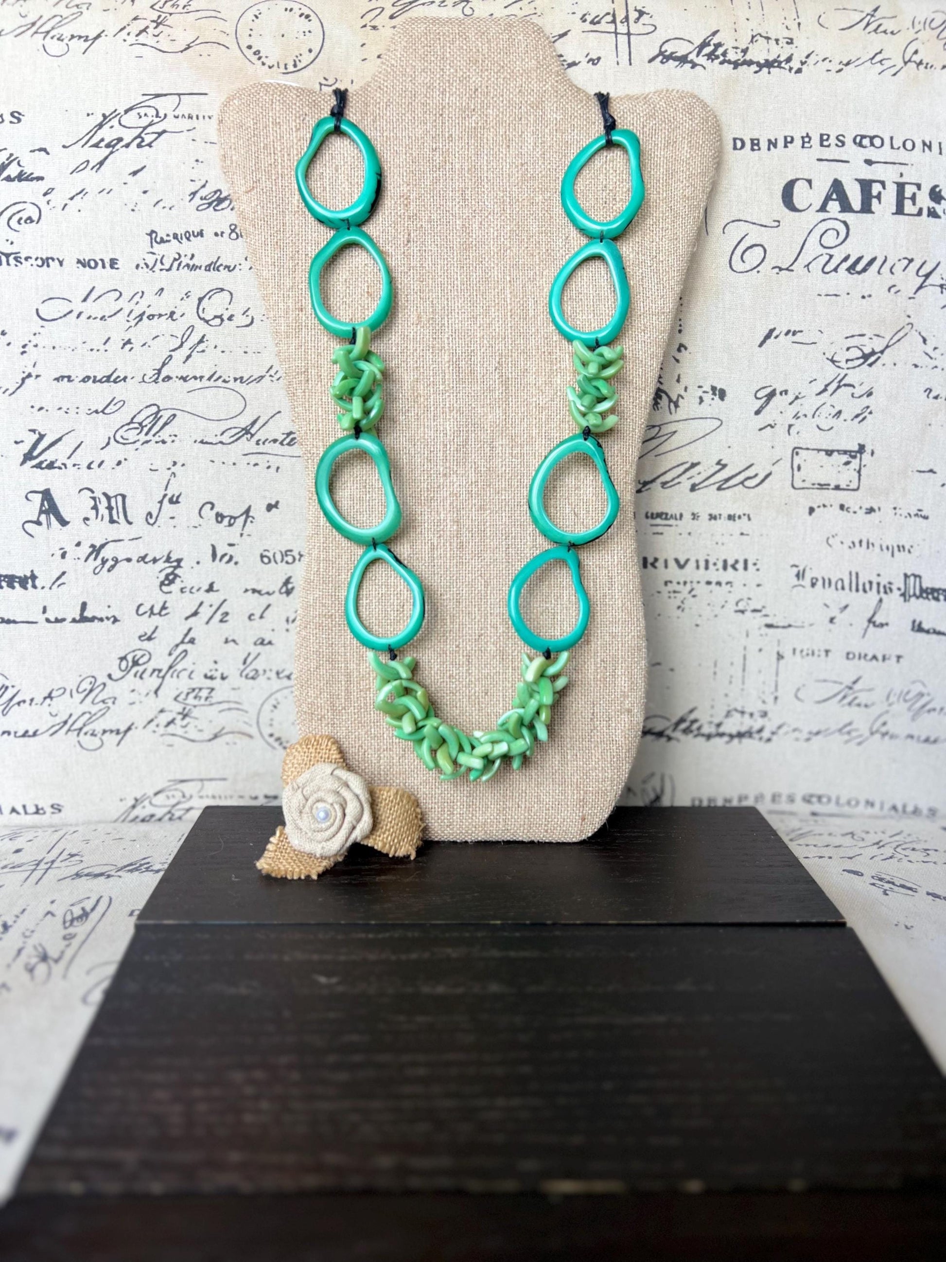 Turquoise green beaded necklace Tagua jewelry Spring fashion 2025 Mothers day gifts Statement bead necklace Lightweight jewelry Art to wear