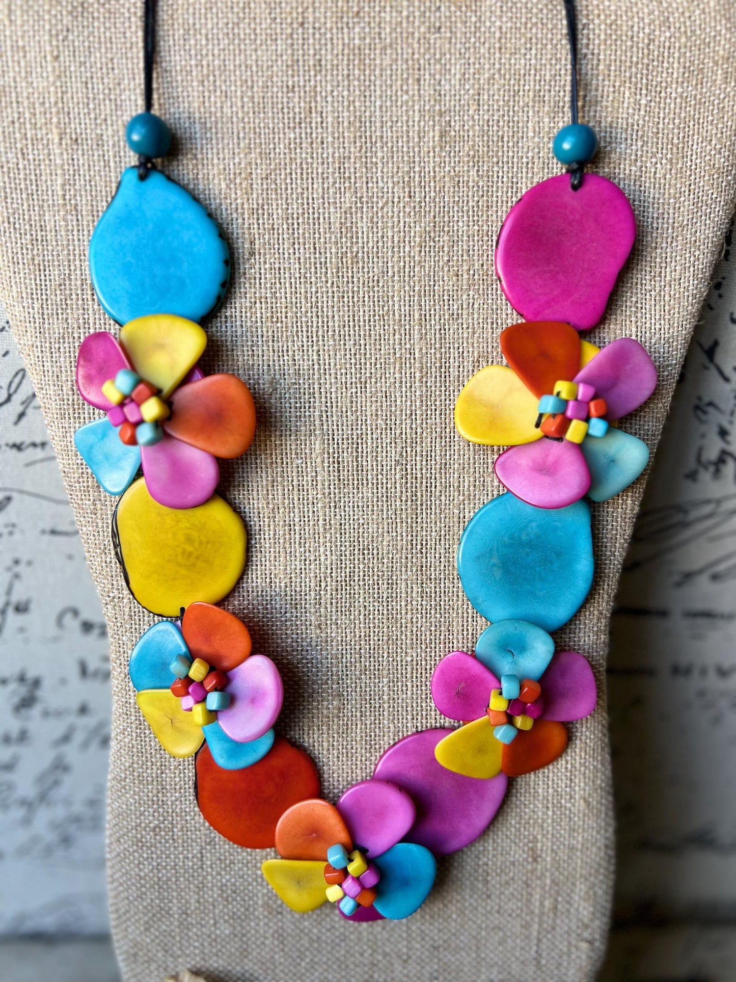 Rainbow flower statement necklace Tagua jewelry Mothers day gifts Big bold necklaces Wearable art Beaded necklaces Art to wear Rose necklace