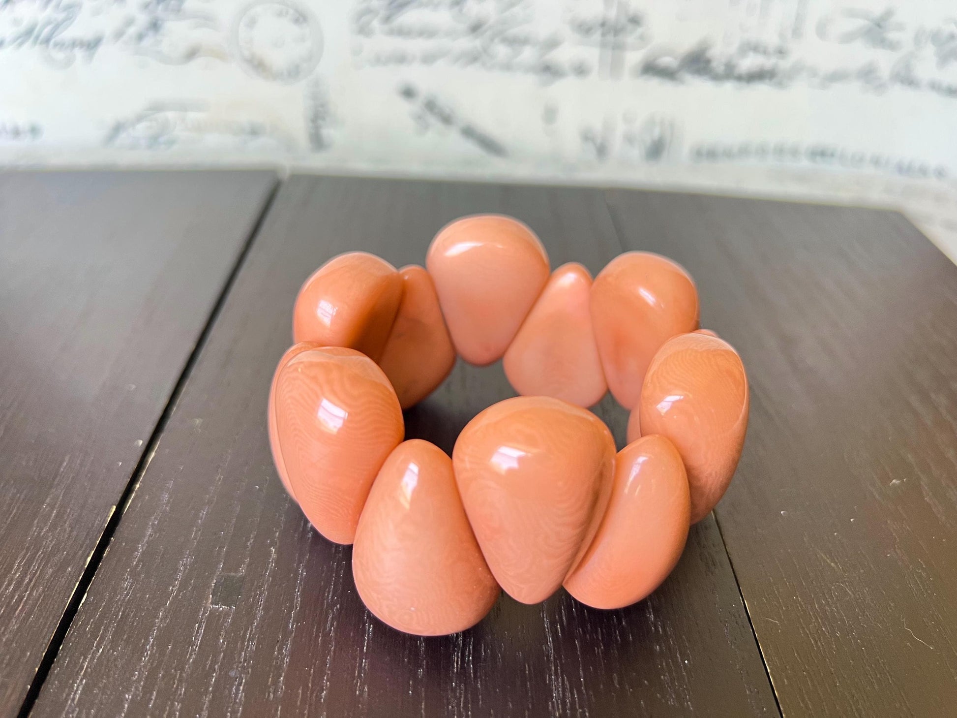 Peach color statement bracelet Mothers day gifts Tagua bracelet Thick chunky bangles Elastic stretch bracelet Art to wear Handmade beaded