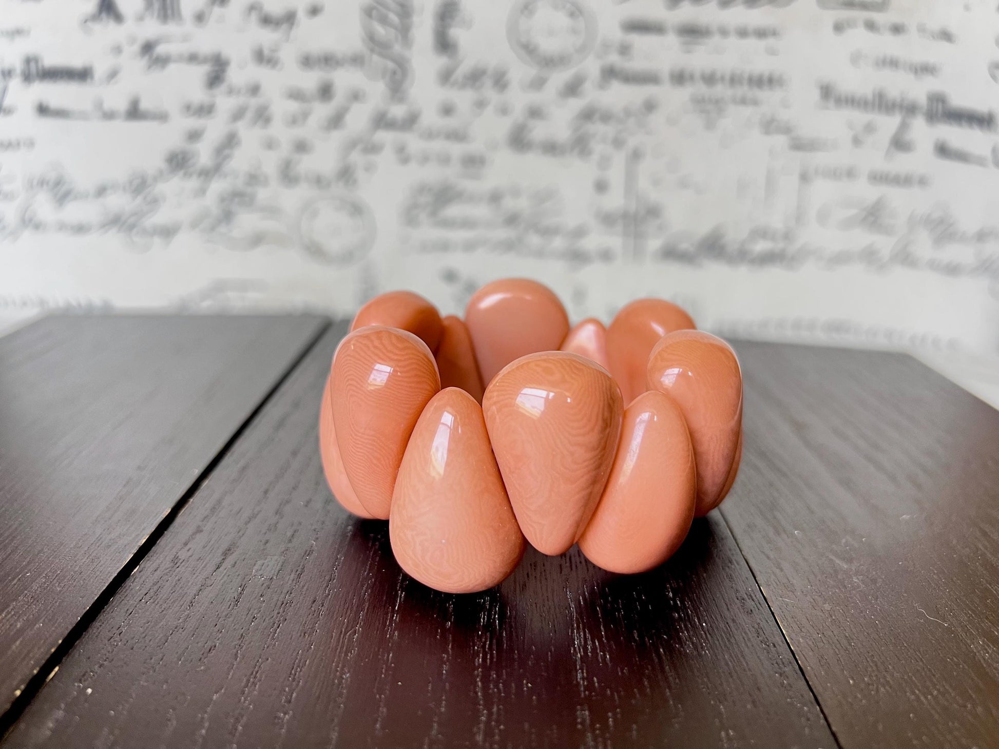 Peach color statement bracelet Fall fashion 2025s Tagua bracelet Thick chunky bangles Elastic stretch bracelet Art to wear Handmade beaded