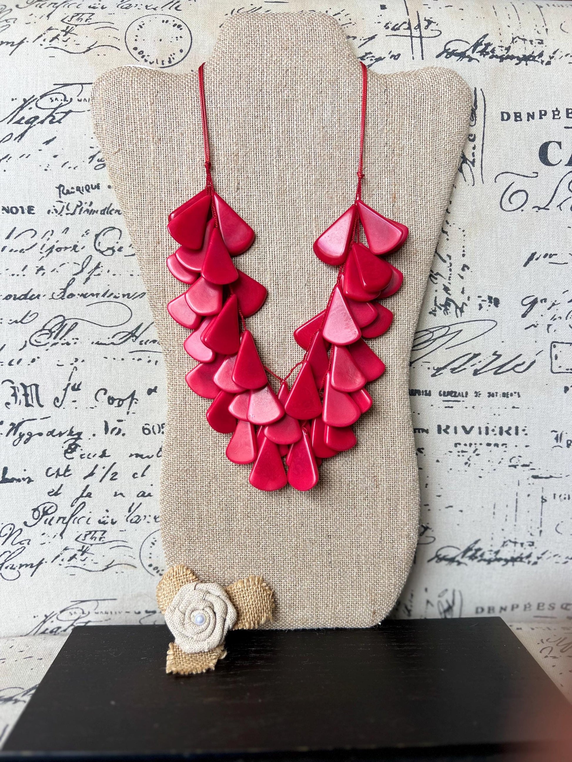 Red waterfall necklace Tagua jewelry Mothers day gifts Big bold necklaces Multi layer beaded necklace Statement necklace Art to wear