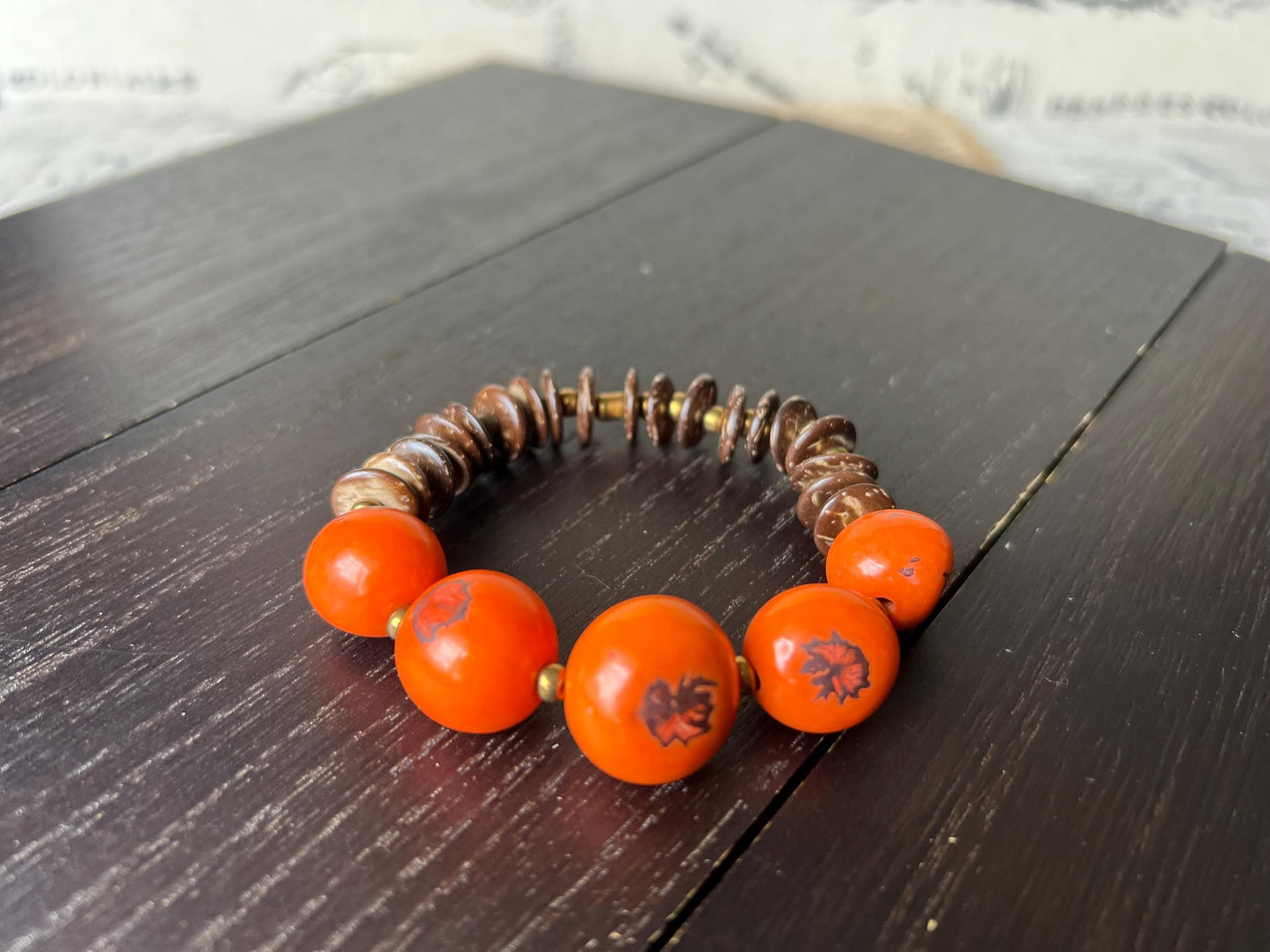 Orange beaded bracelet Tagua and coconut jewelry Artsy gifts Fun unusual bangle Wearable art
