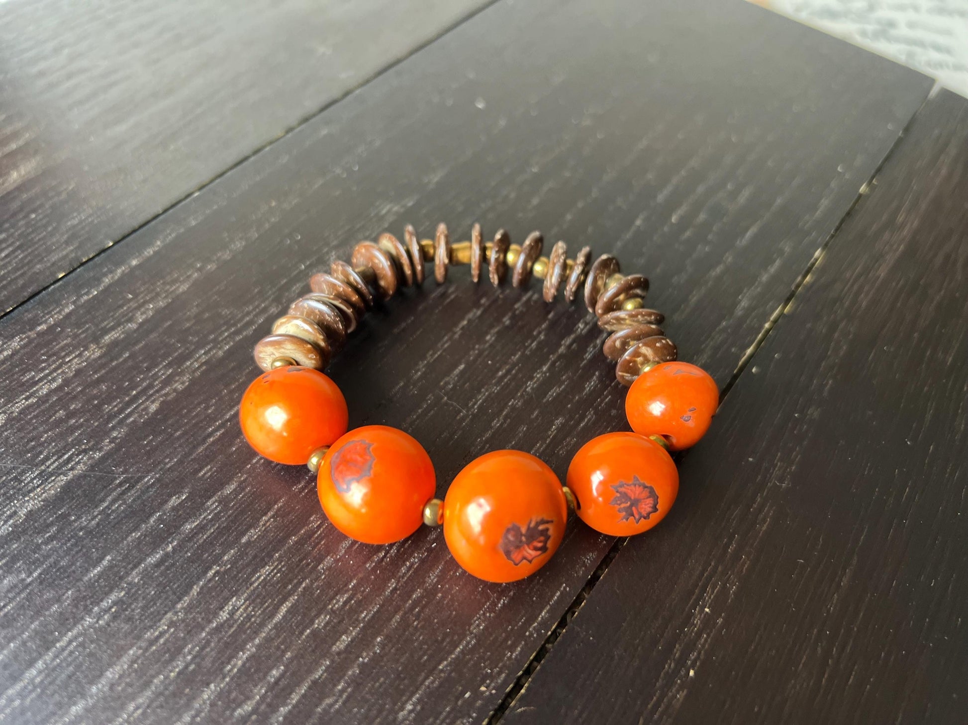 Orange beaded bracelet Tagua and coconut jewelry Artsy gifts Fun unusual bangle Wearable art