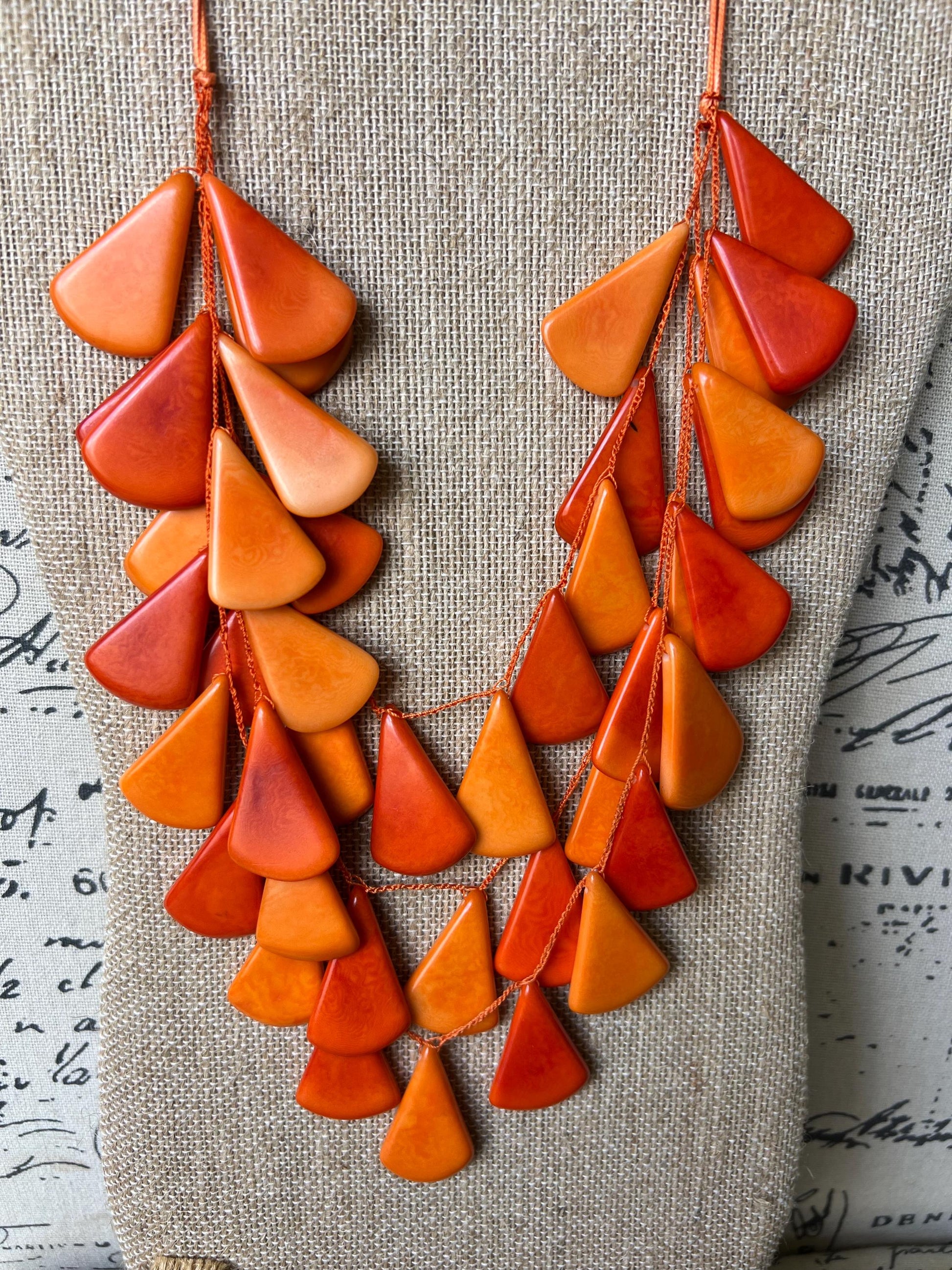 Orange waterfall necklace Mothers day gifts Tagua jewelry Big bold necklaces Multi layer beaded necklace Statement necklace Art to wear