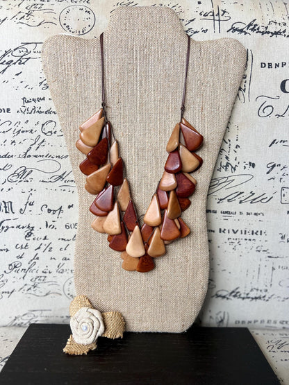Brown waterfall necklace Mothers day gran gift Tagua jewelry Big bold necklaces Multi layer statement necklace Summer style women over 50