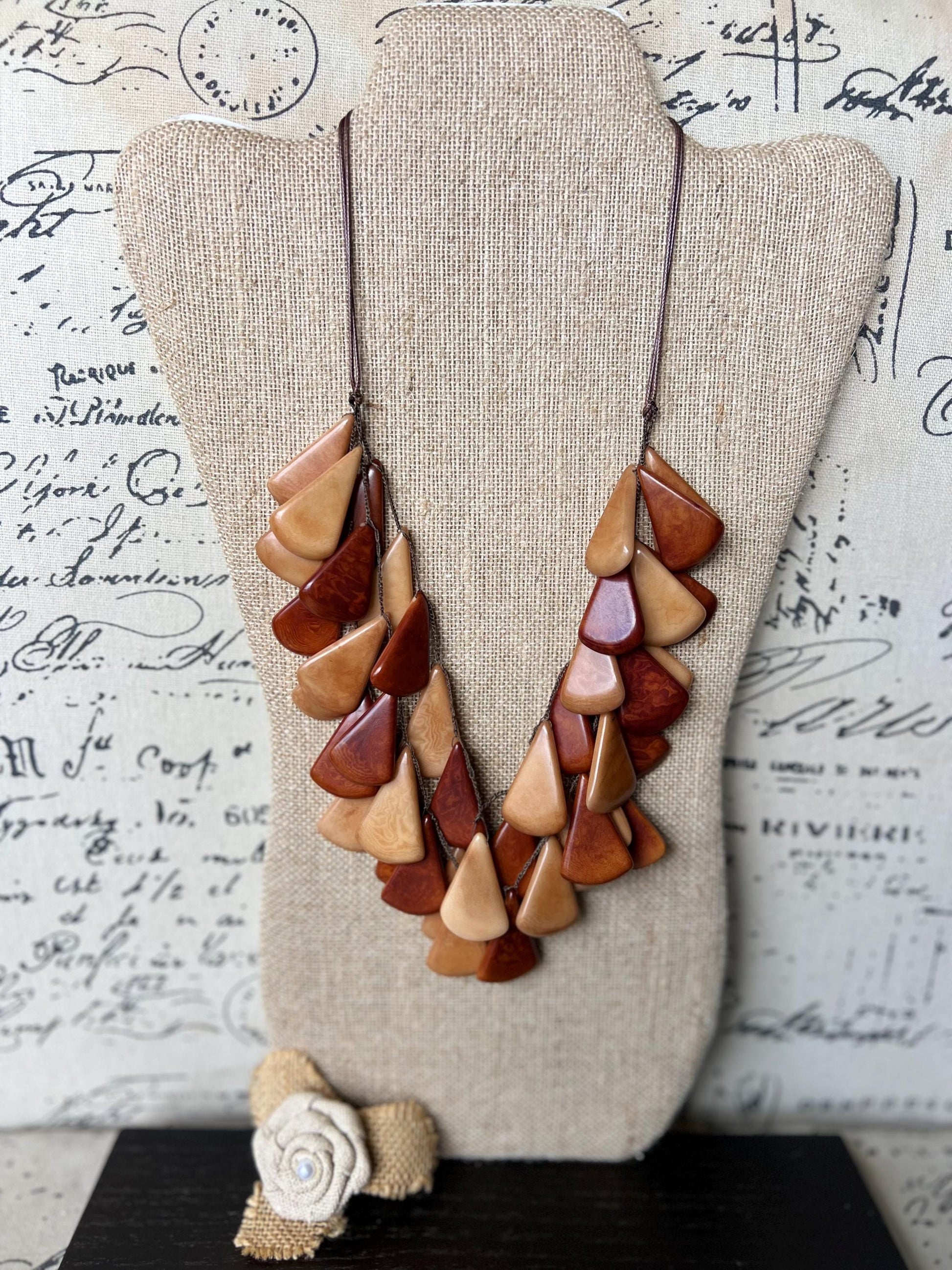 Brown waterfall necklace Mothers day gran gift Tagua jewelry Big bold necklaces Multi layer statement necklace Summer style women over 50