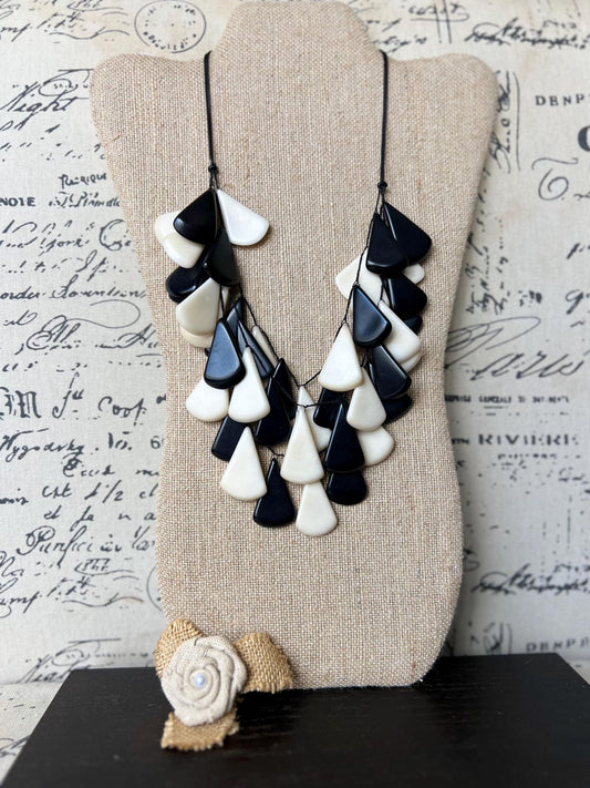 Black and white waterfall necklace Tagua jewelry Mothers day gifts Big bold necklaces Multi layer beaded necklace Art to wear Summer fashion