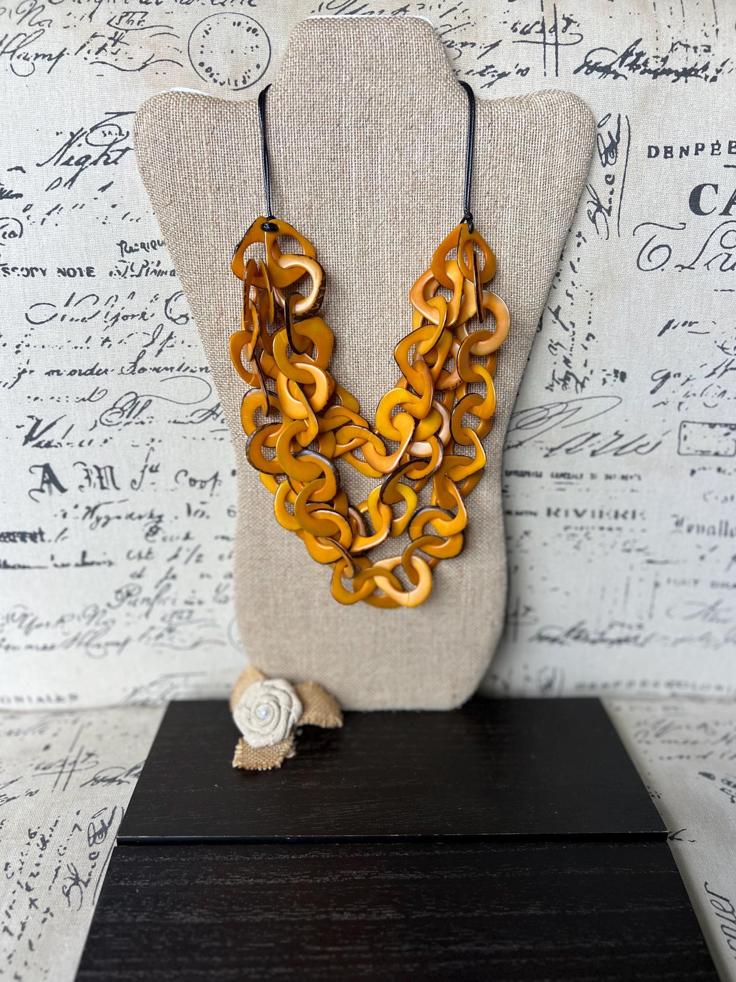 Mustard Yellow Tagua Necklace, Bold Interlocked Loops, Chunky Chain Beaded Necklace