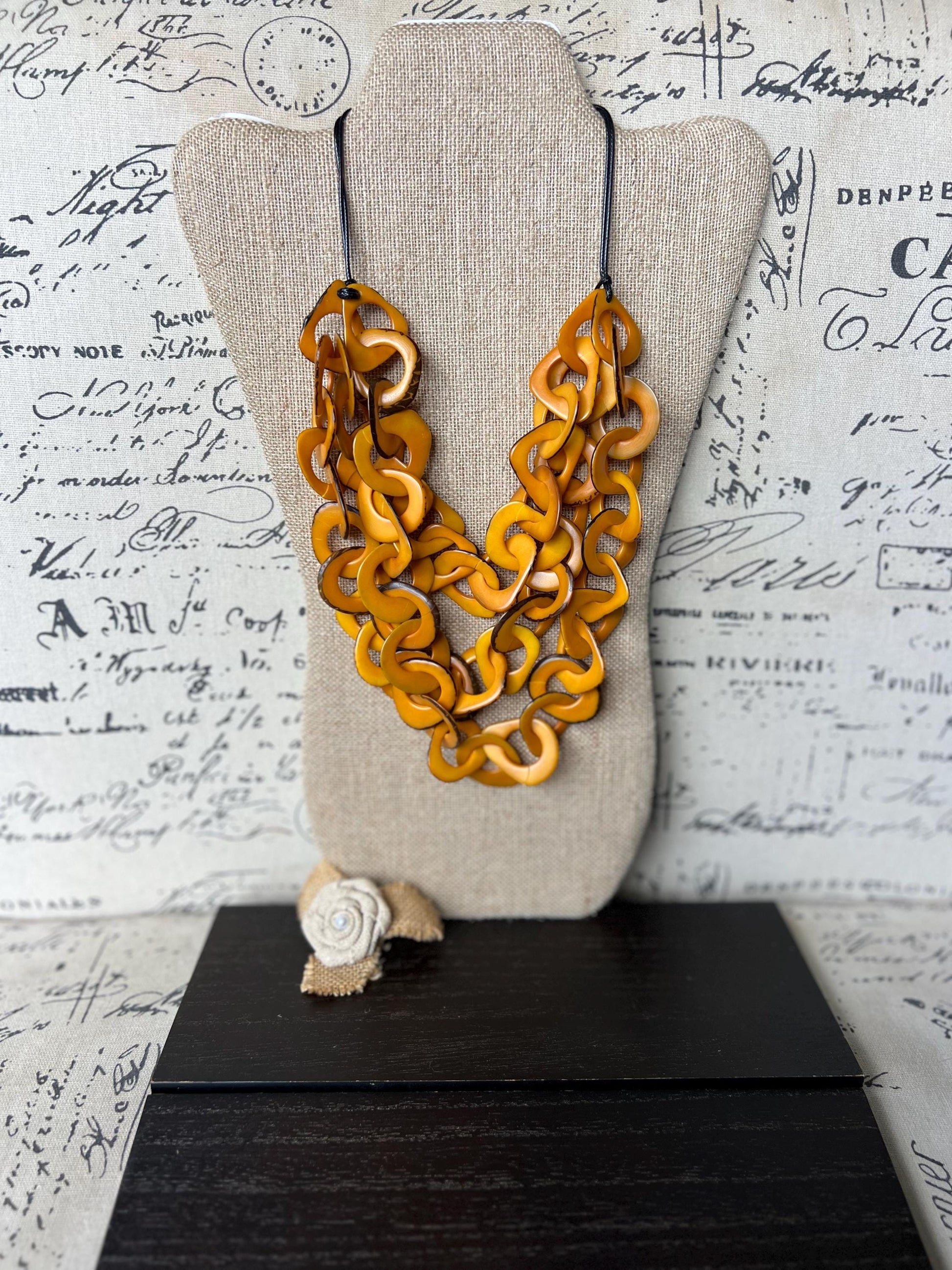 Mustard Yellow Tagua Necklace, Bold Interlocked Loops, Chunky Chain Beaded Necklace
