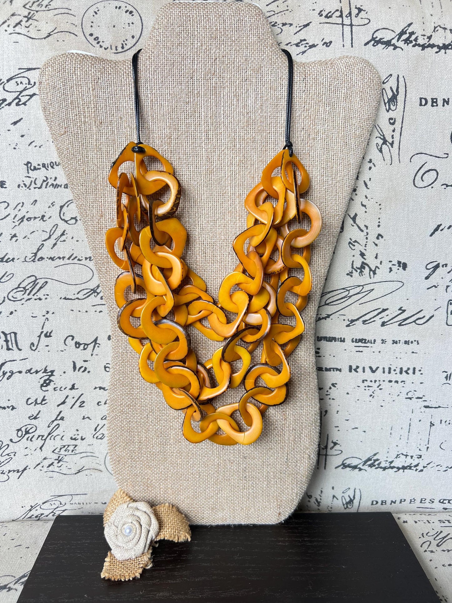 Mustard Yellow Tagua Necklace, Bold Interlocked Loops, Chunky Chain Beaded Necklace