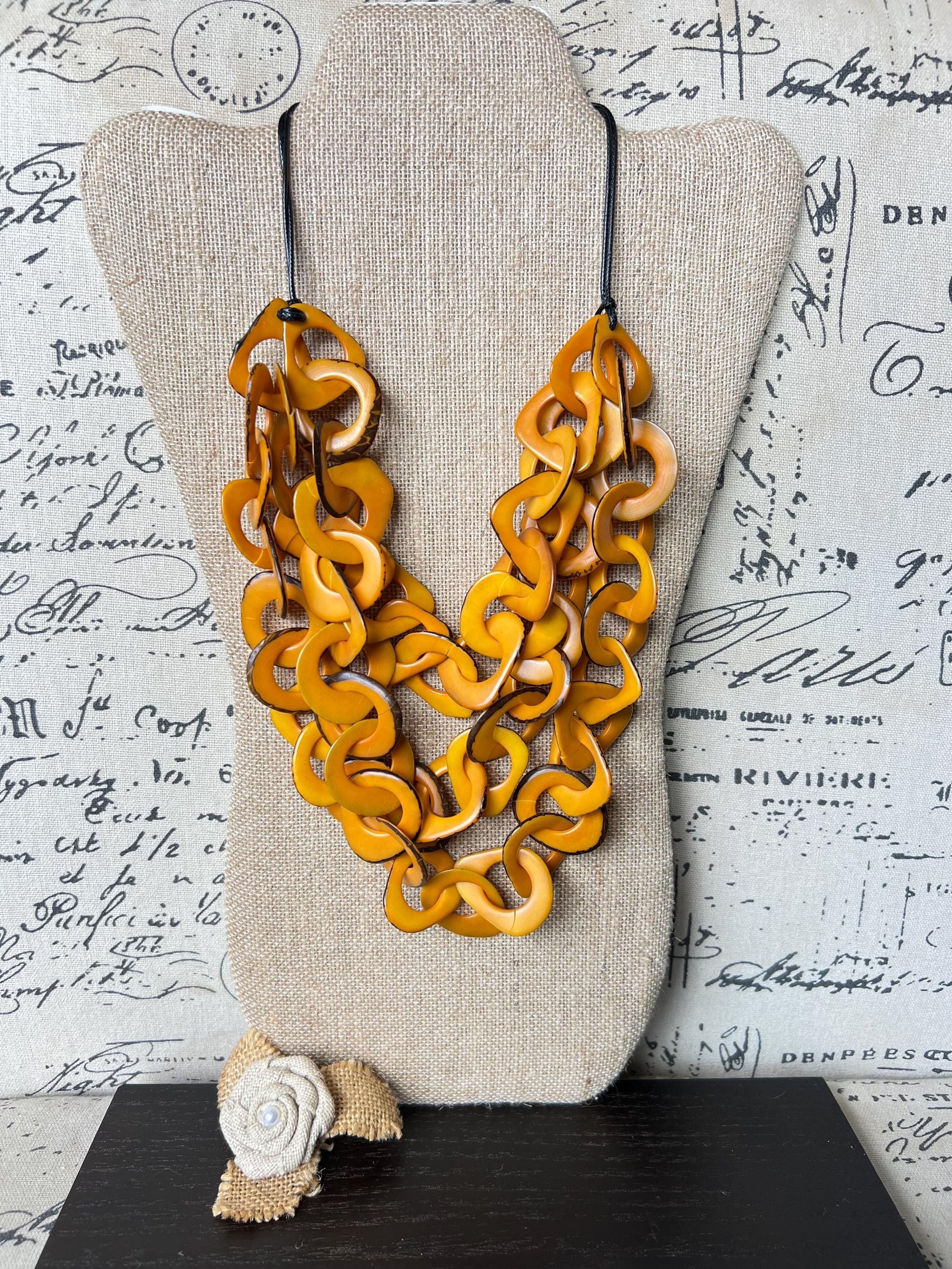 Mustard Yellow Tagua Necklace, Bold Interlocked Loops, Chunky Chain Beaded Necklace
