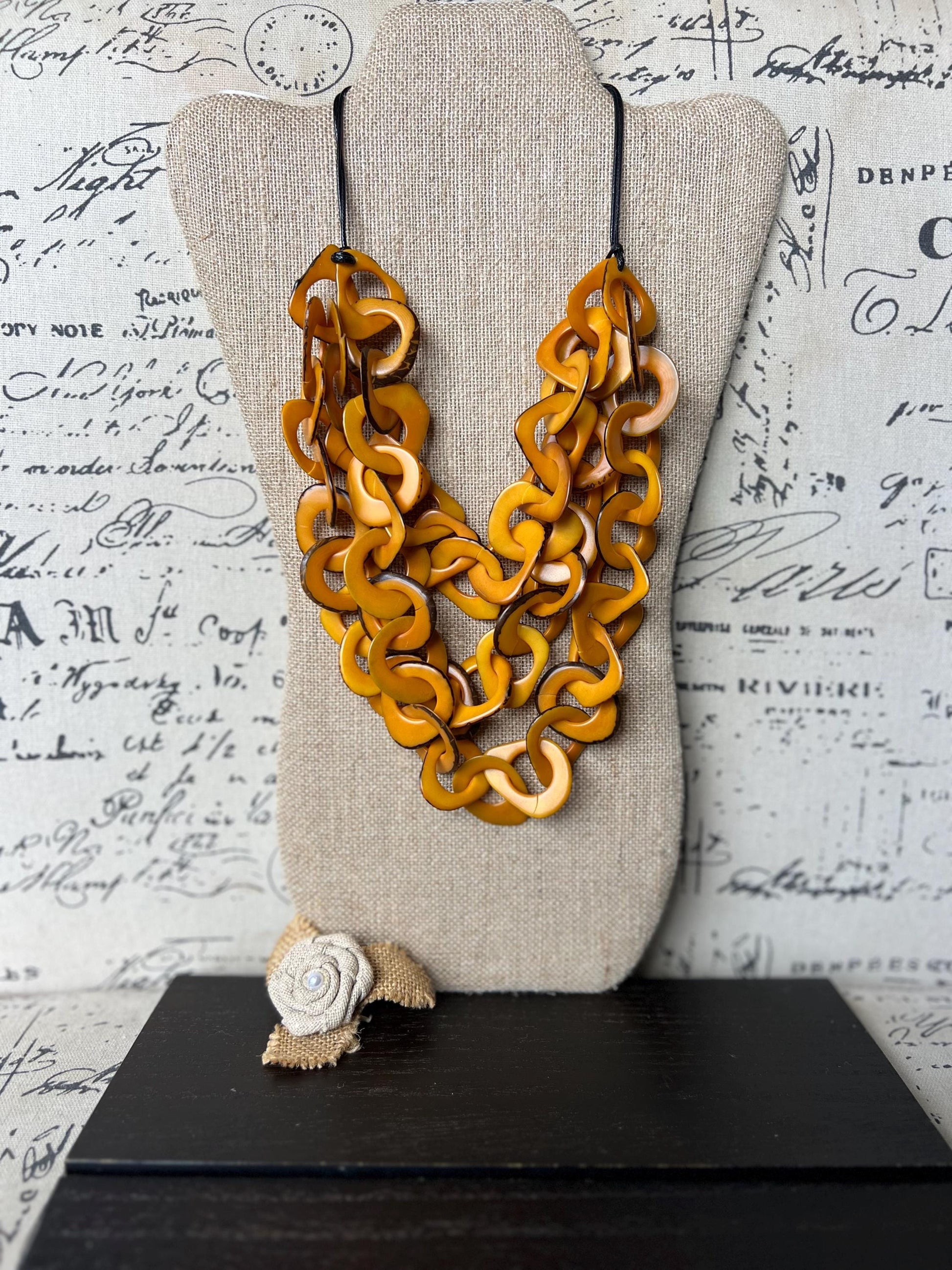 Mustard Yellow Tagua Necklace, Bold Interlocked Loops, Chunky Chain Beaded Necklace