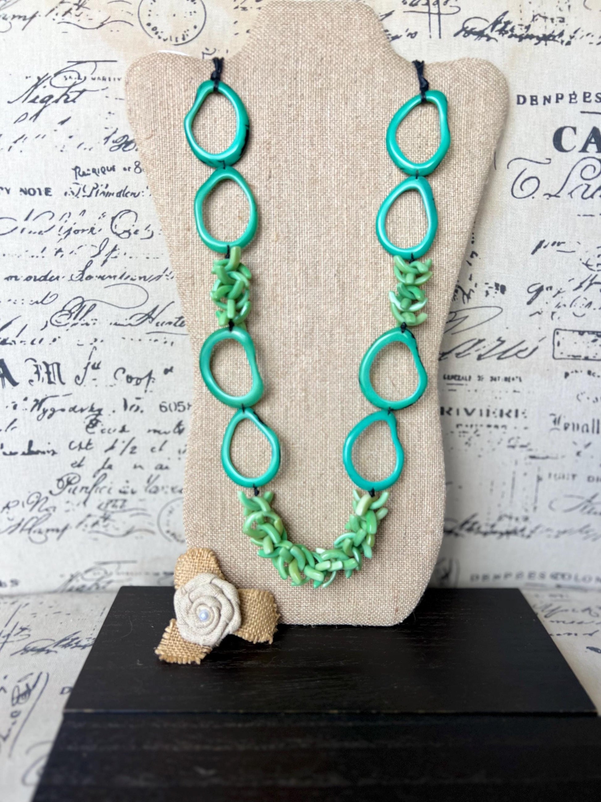 Turquoise green beaded necklace Tagua jewelry Fall fashion 2025 Fall fashion 2025s Statement bead necklace Lightweight jewelry Art to wear