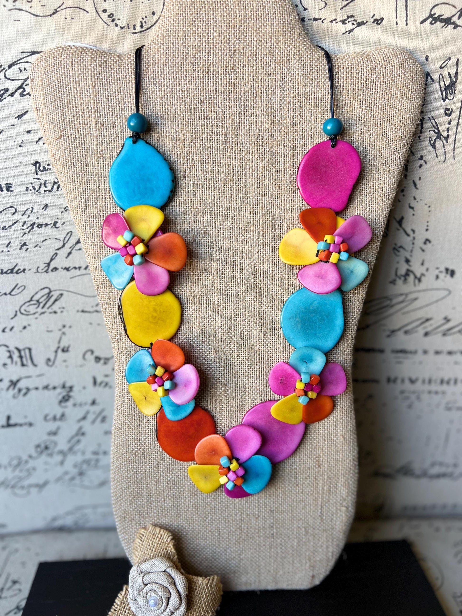 Rainbow flower statement necklace Tagua jewelry Mothers day gifts Big bold necklaces Wearable art Beaded necklaces Art to wear Rose necklace