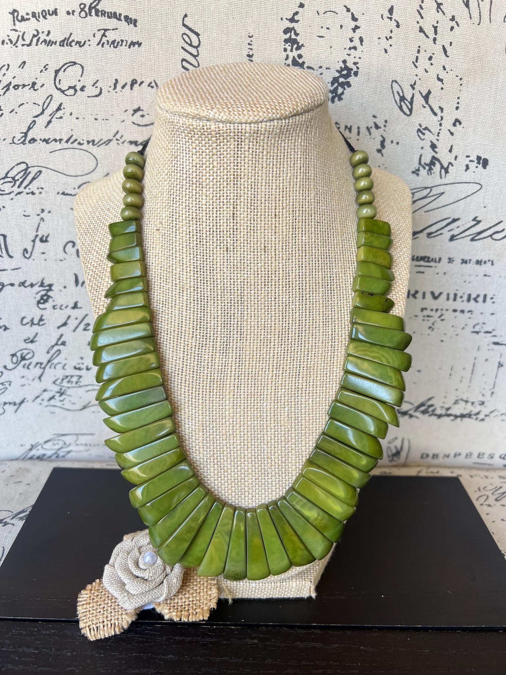 Olive green statement necklace Mothers day gifts Adjustable cord Art to wear Spring fashion 2025 Handmade beaded necklace Wearable art