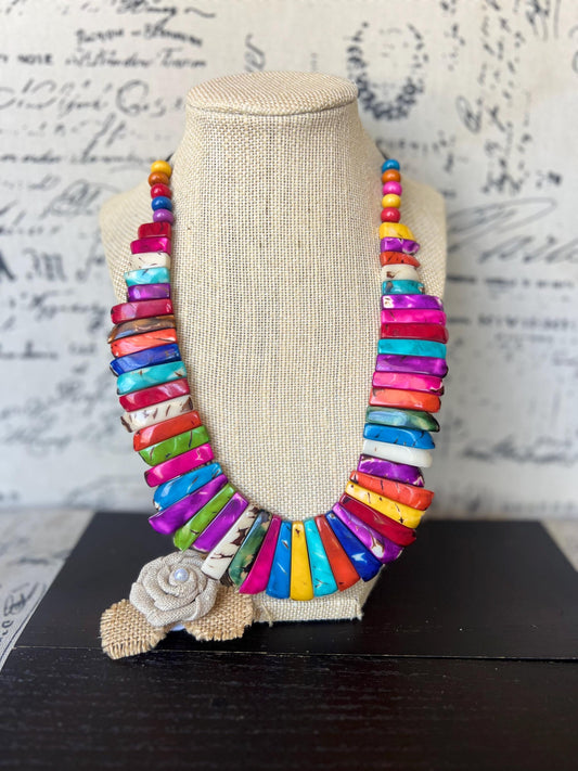 Rainbow statement necklace Adjustable cord Fall fashion 2025 Art to wear Handmade beaded necklace Wearable art Multicolor boho necklace