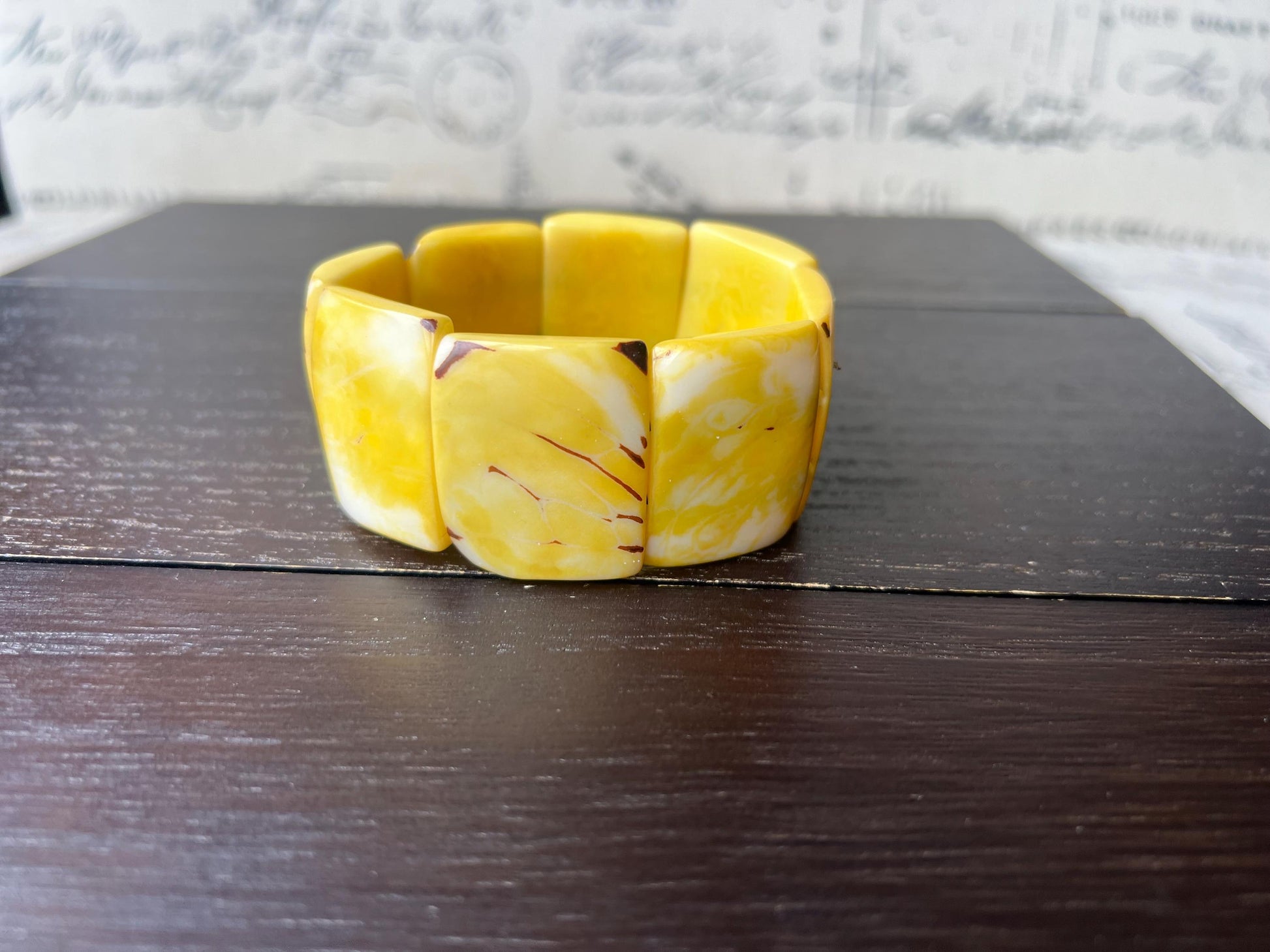 Yellow huge statement bracelet Tagua jewelry Beaded stretch bangle Elastic stretch cuff bracelets Oversized beads Art to wear Spring fashion