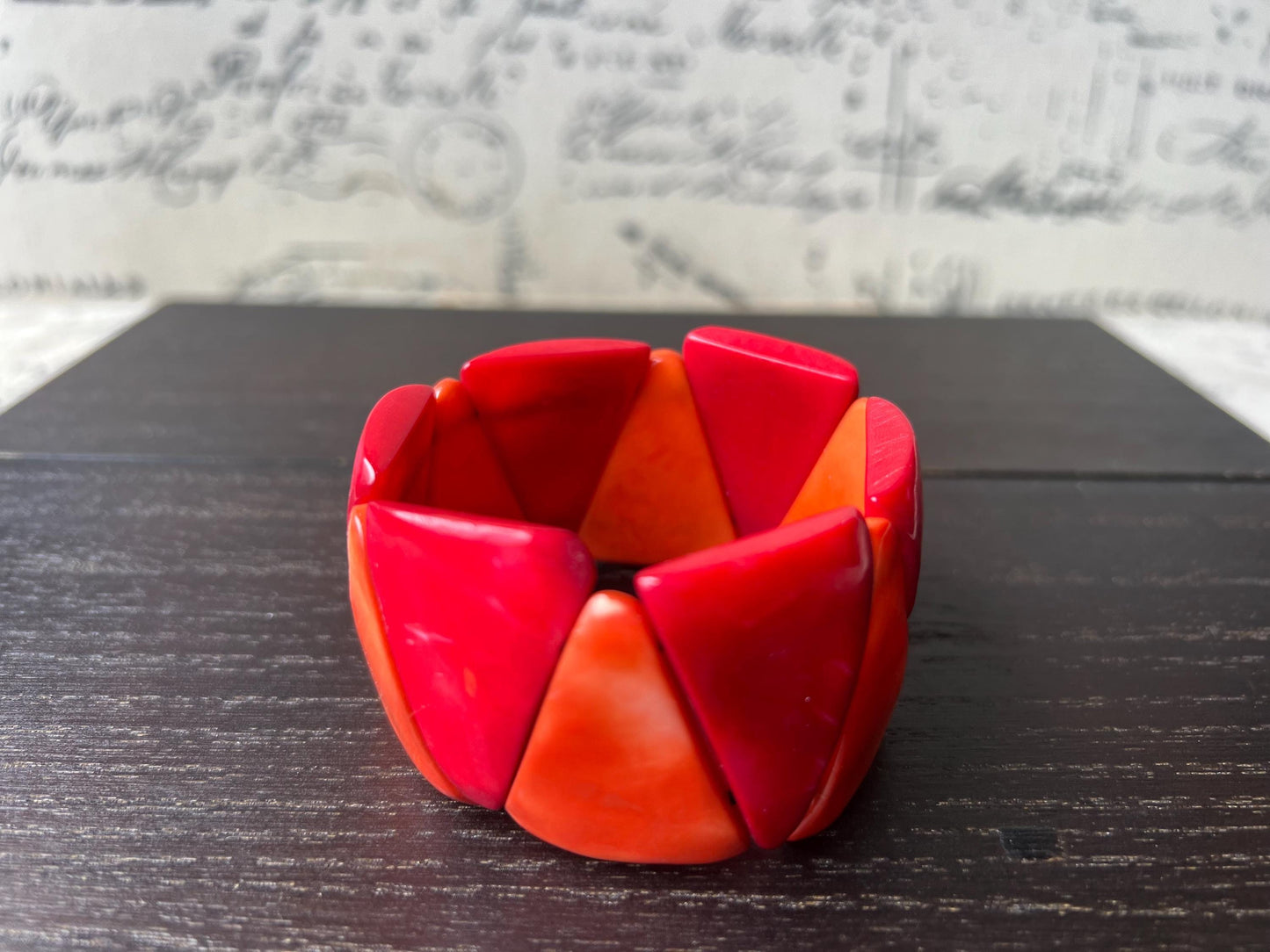 Red orange tagua bracelet Beaded stretch bangle Adjustable bracelet Huge beaded bangle Fall fashion trends Wearable art Elastic bangle