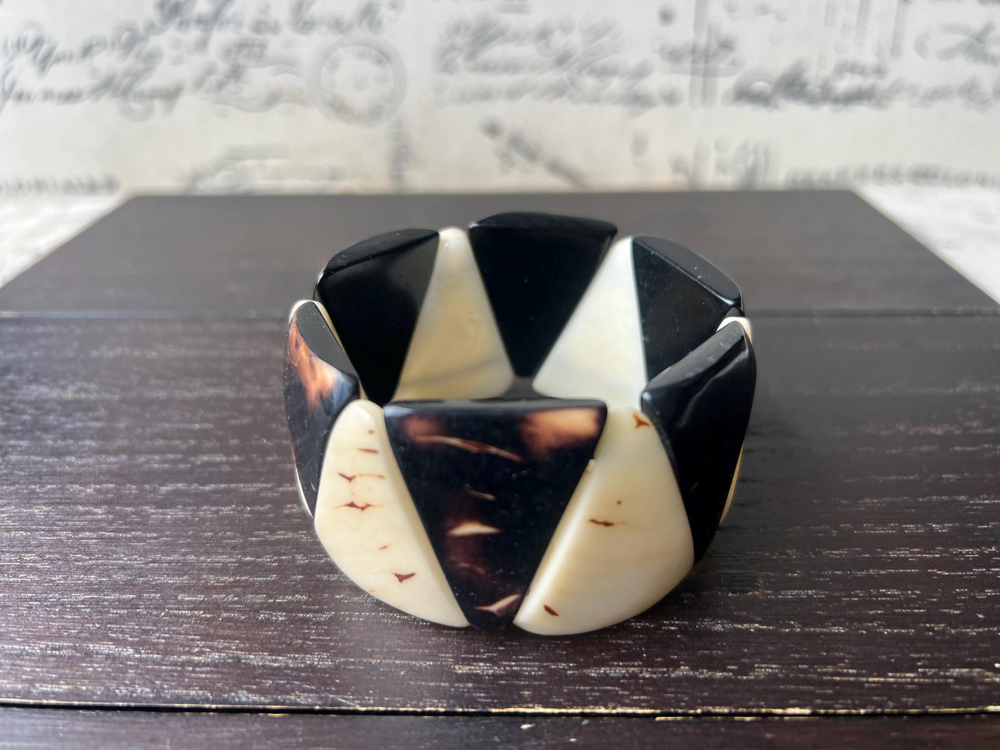 Black and white bracelet tagua jewelry Beaded stretch bangle Elastic stretch bracelet Statement beaded bangle Wearable art Summer fashion