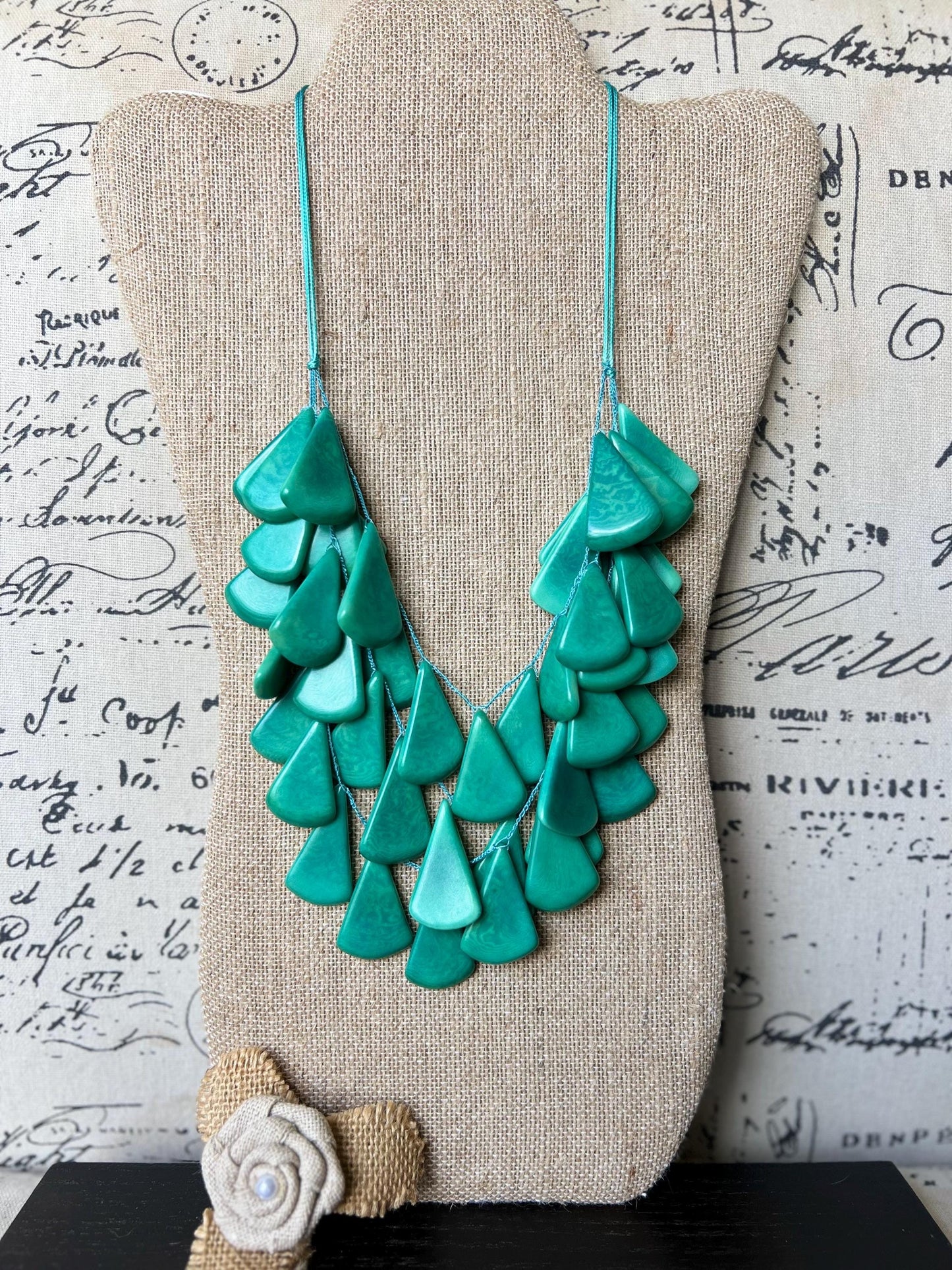 Teal green waterfall necklace Tagua jewelry Big bold necklaces Multi layer beaded necklace Fall fashion 2025s Statement necklace Art to wear