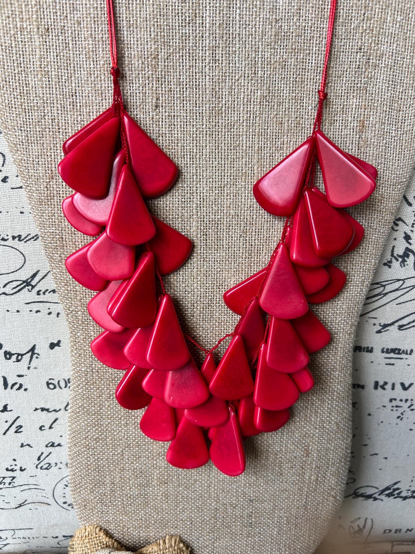 Red waterfall necklace Tagua jewelry Mothers day gifts Big bold necklaces Multi layer beaded necklace Statement necklace Art to wear