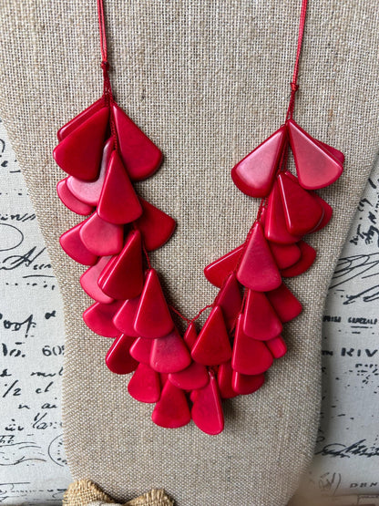 Red waterfall necklace Tagua jewelry Fall fashion 2025s Big bold necklaces Multi layer beaded necklace Statement necklace Art to wear