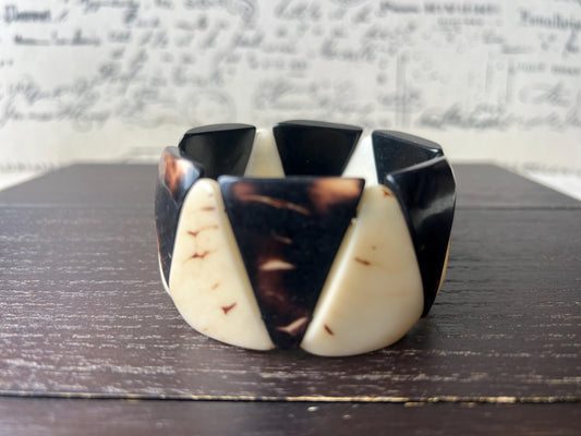 Black and white bracelet tagua jewelry Beaded stretch bangle Elastic stretch bracelet Statement beaded bangle Wearable art Fall fashion