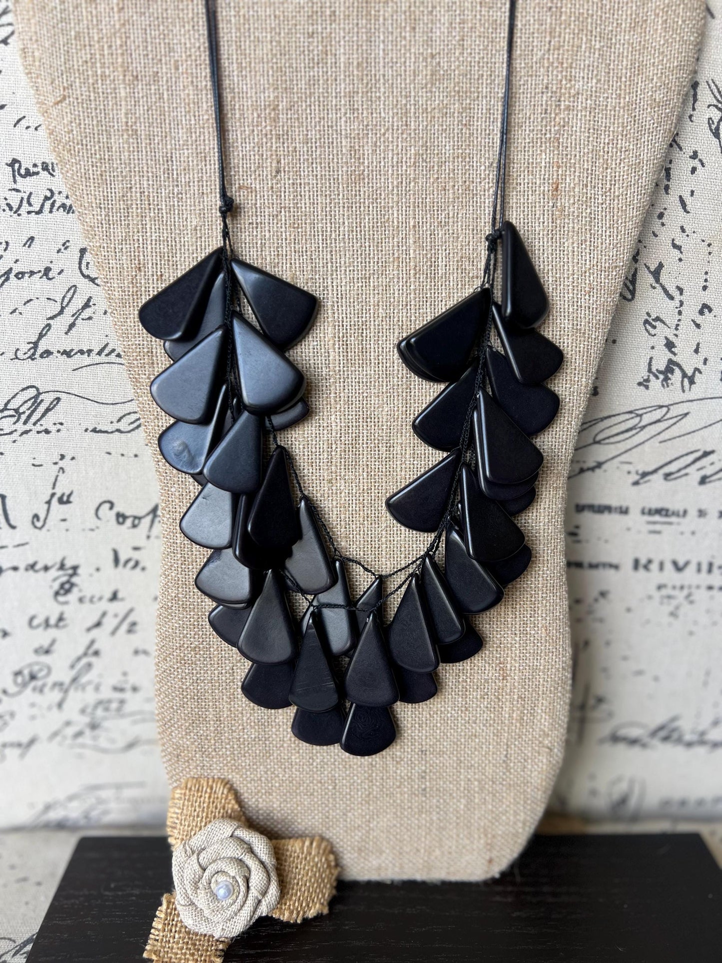 Black beaded waterfall necklace Tagua jewelry Mothers day gifts Big bold necklaces Multi layer statement necklace Art to wear Fall fashion