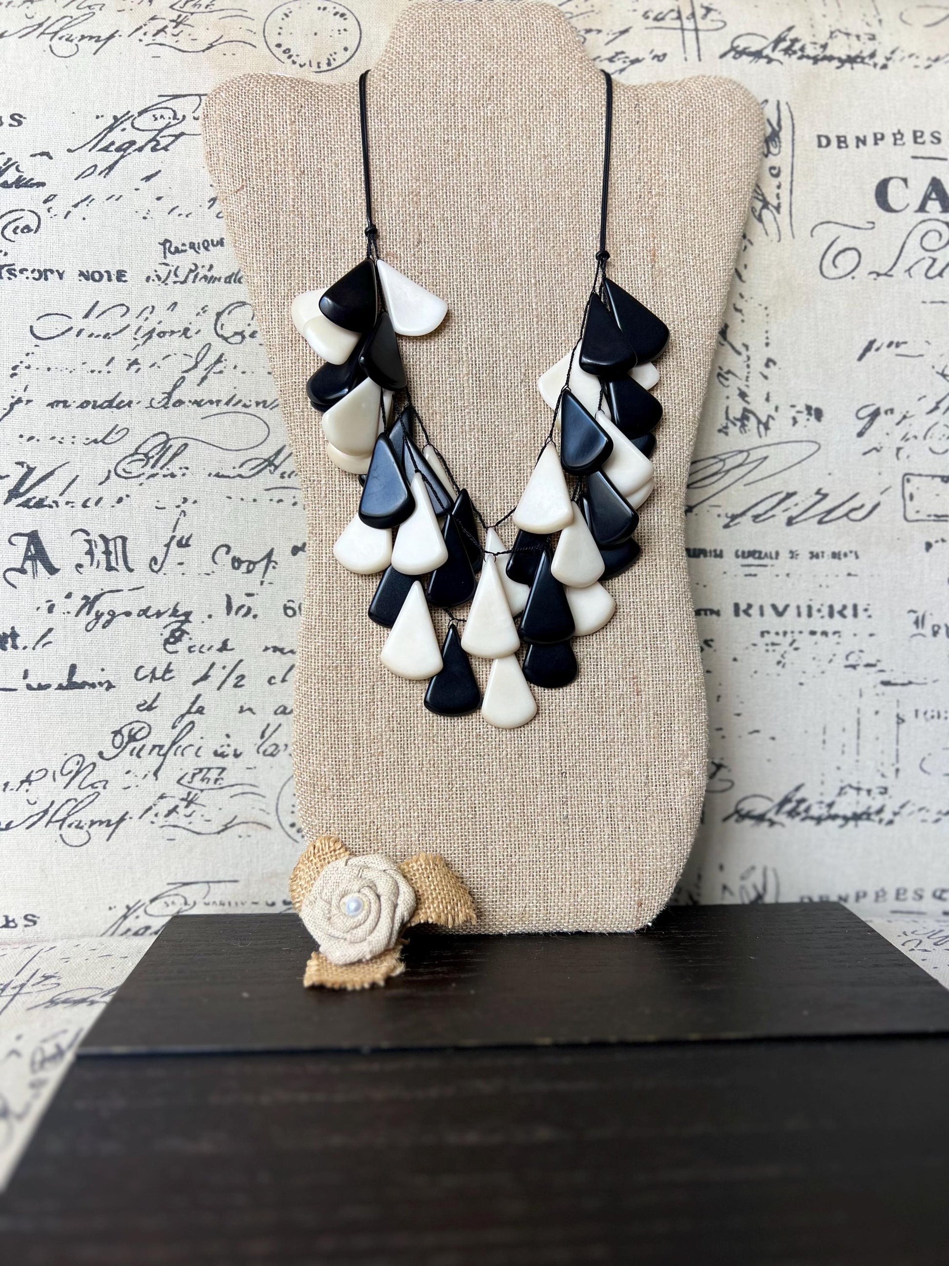 Black and white waterfall necklace Tagua jewelry Mothers day gifts Big bold necklaces Multi layer beaded necklace Art to wear Fall fashion