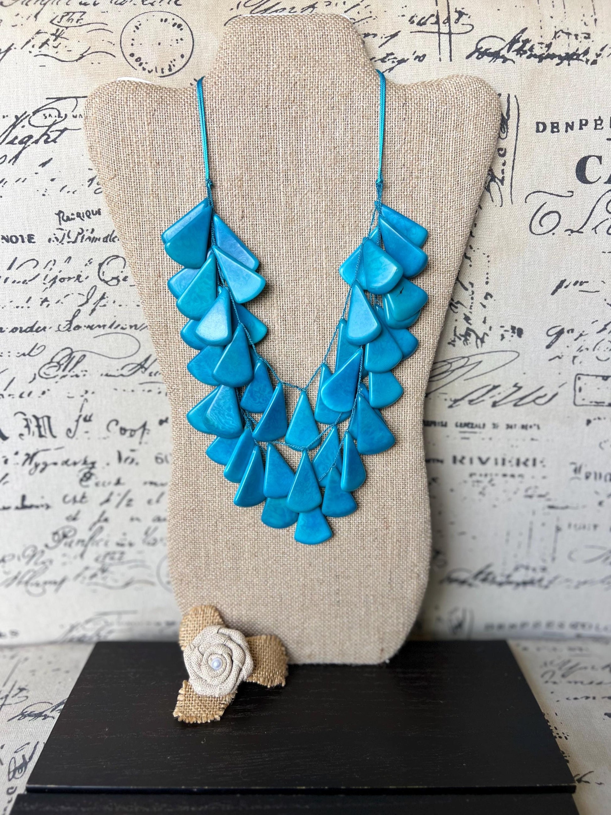 Turquoise blue waterfall necklace Mothers day gift Tagua jewelry Multi layer statement necklace Big bold necklace Art to wear Spring fashion