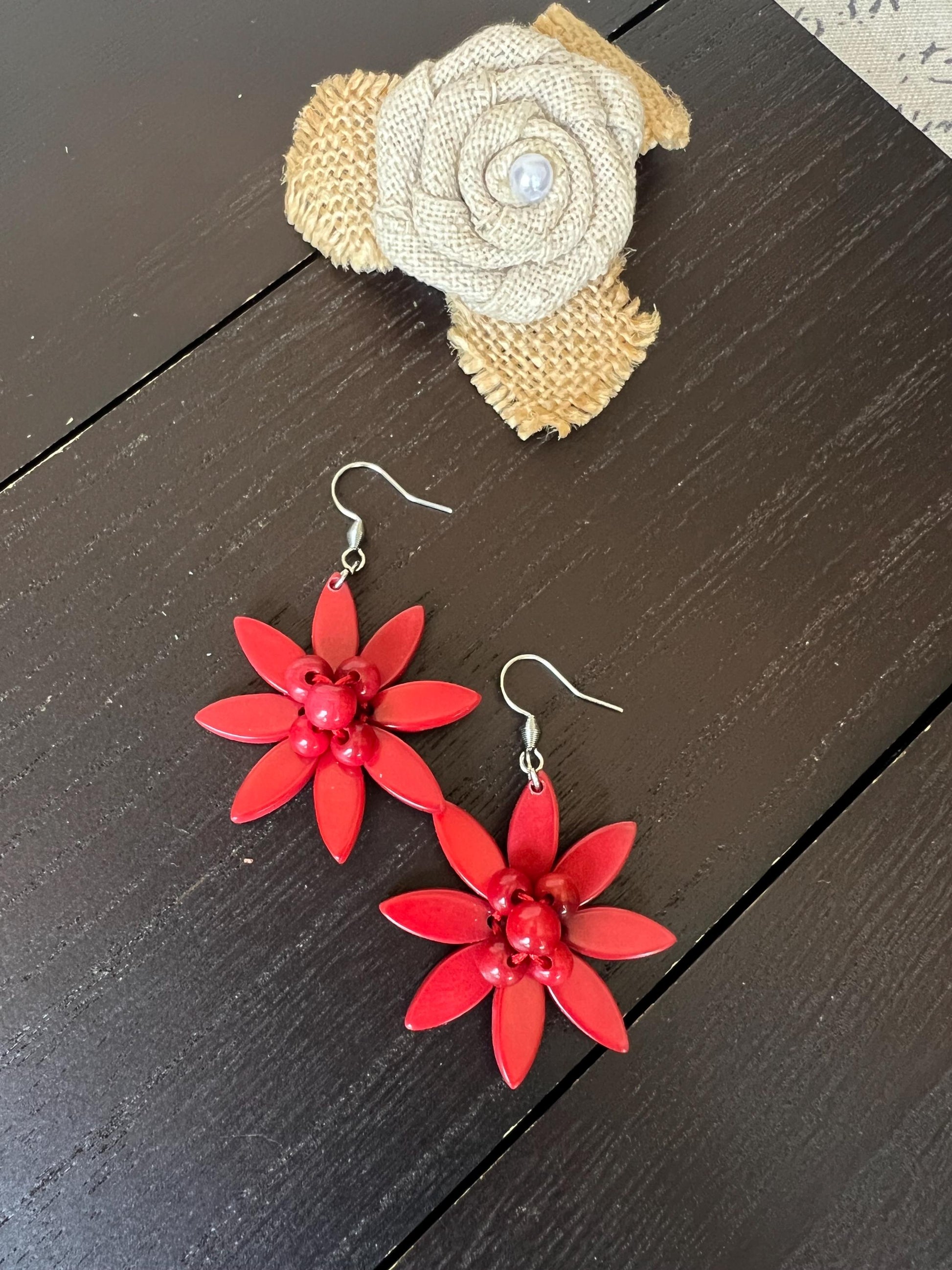Flower beaded earrings Tagua earrings Big red earrings Handmade statement earrings Artsy gifts Summer fashion Cruise wear Wearable art