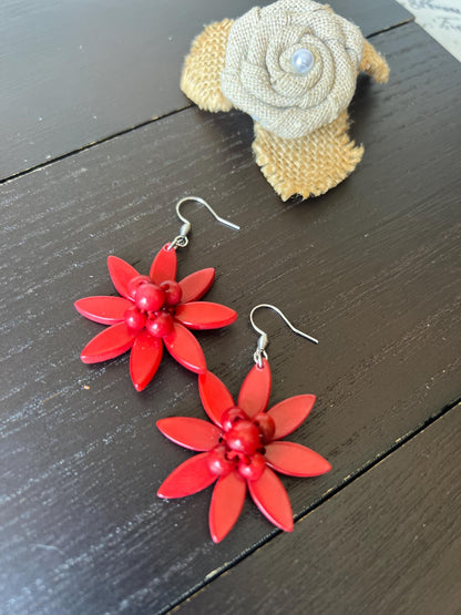 Flower beaded earrings Tagua earrings Big red earrings Handmade statement earrings Artsy gifts Summer fashion Cruise wear Wearable art