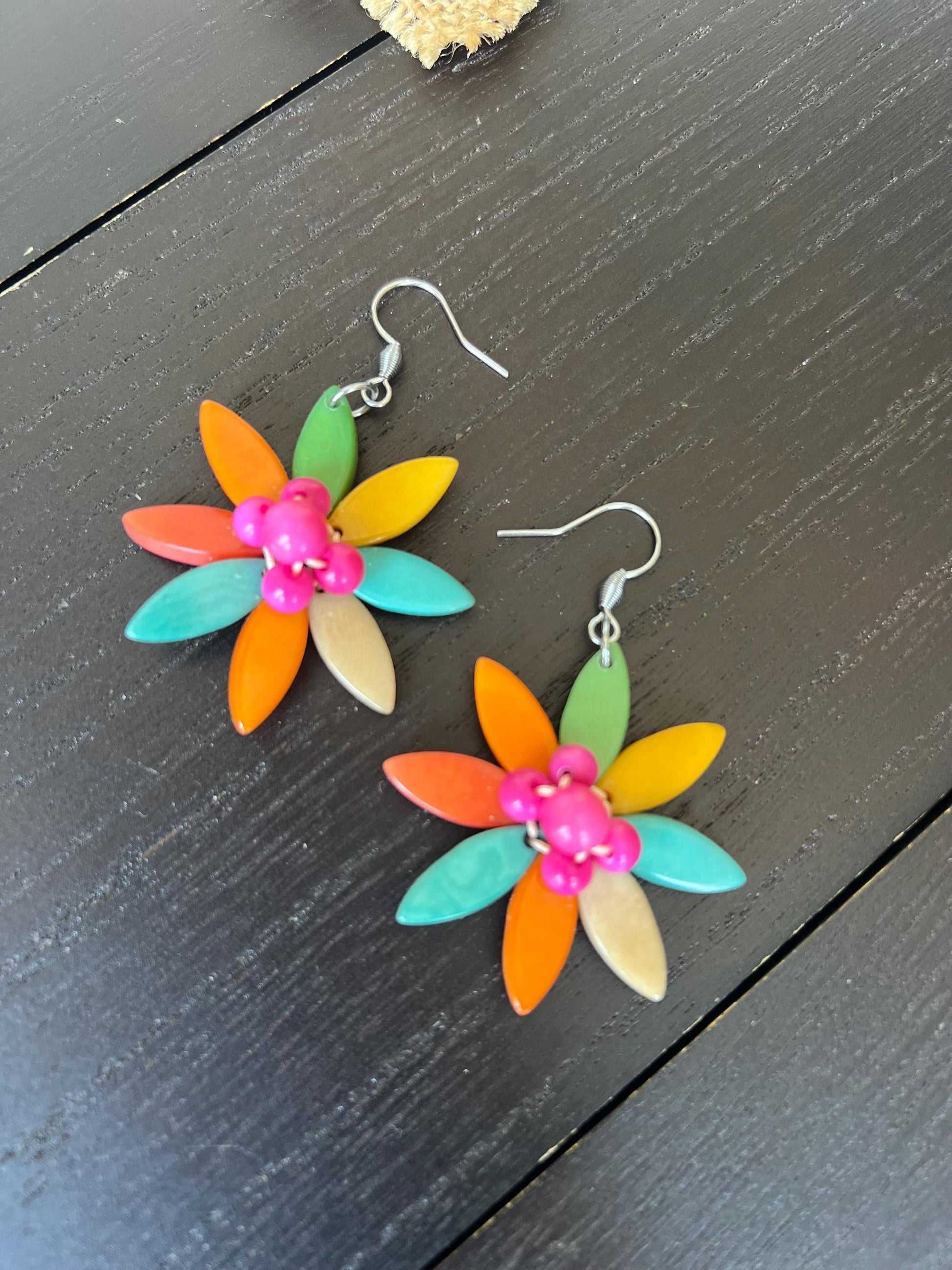 Rainbow flower beaded earrings Tagua earrings Big statement earrings Handmade earrings Artsy gifts Multi color hypoallergenic earrings