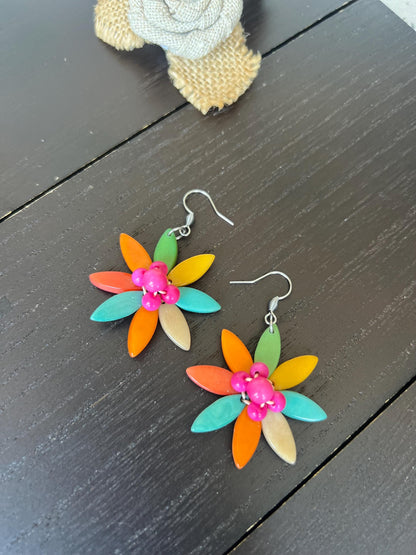 Rainbow flower beaded earrings Tagua earrings Big statement earrings Handmade earrings Artsy gifts Multi color hypoallergenic earrings
