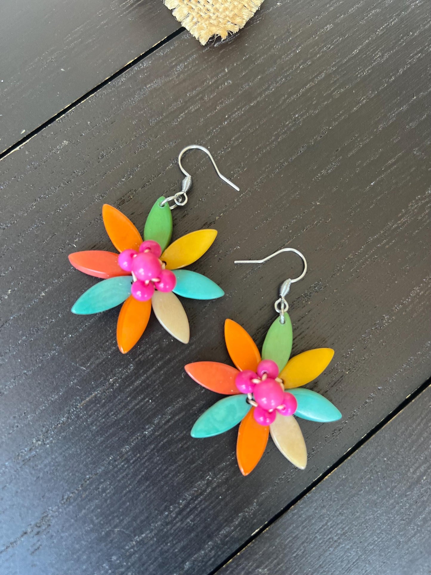 Rainbow flower beaded earrings Tagua earrings Big statement earrings Handmade earrings Artsy gifts Multi color hypoallergenic earrings