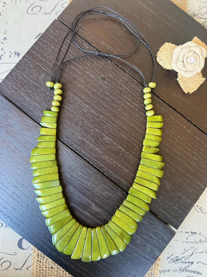 Olive green statement necklace Mothers day gifts Adjustable cord Art to wear Spring fashion 2025 Handmade beaded necklace Wearable art