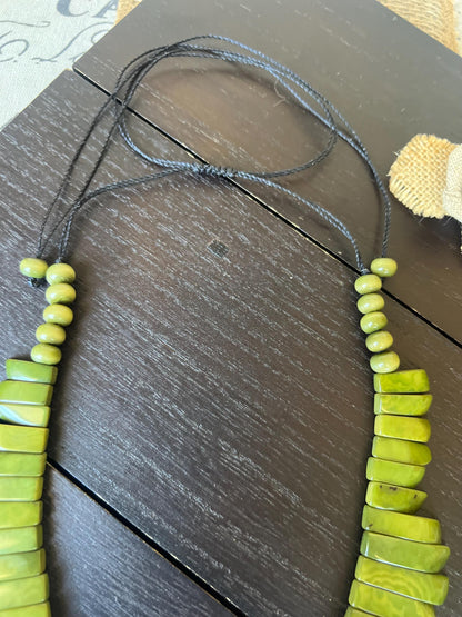 Olive green statement necklace Mothers day gifts Adjustable cord Art to wear Spring fashion 2025 Handmade beaded necklace Wearable art
