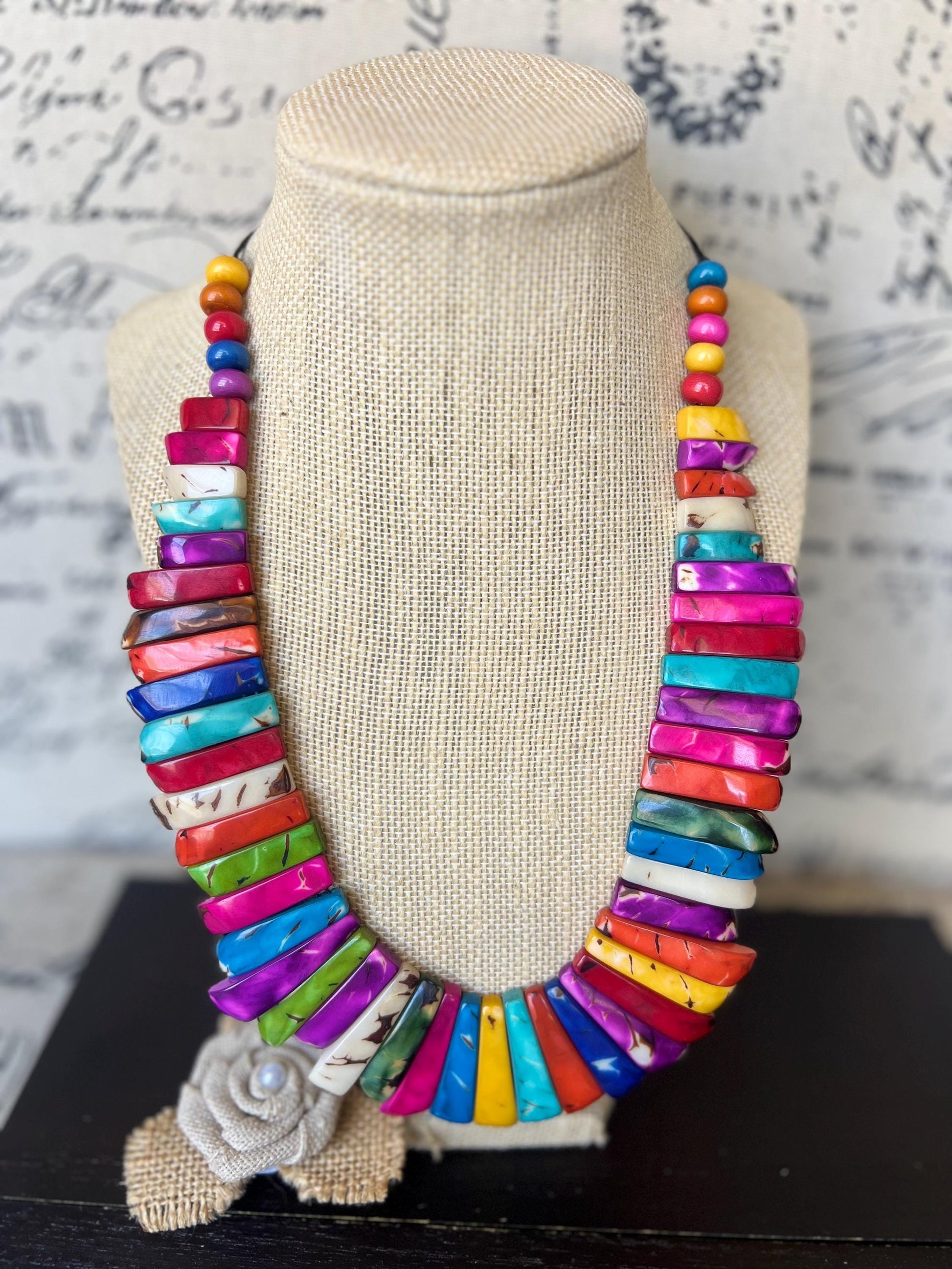 Rainbow statement necklace Adjustable cord Fall fashion 2025 Art to wear Handmade beaded necklace Wearable art Multicolor boho necklace
