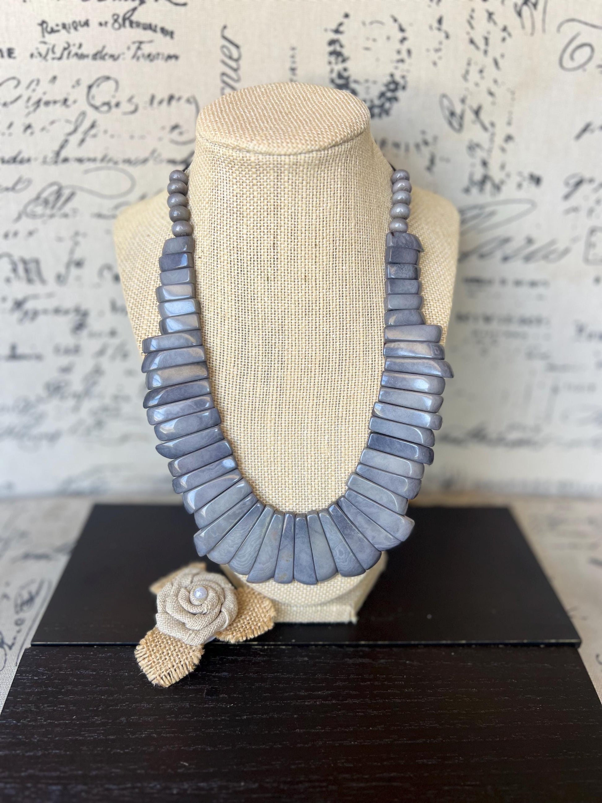 Gray statement necklace Adjustable cord Fall fashion 2025s Art to wear Fall fashion 2025 Art to wear Handmade beaded necklace Wearable art