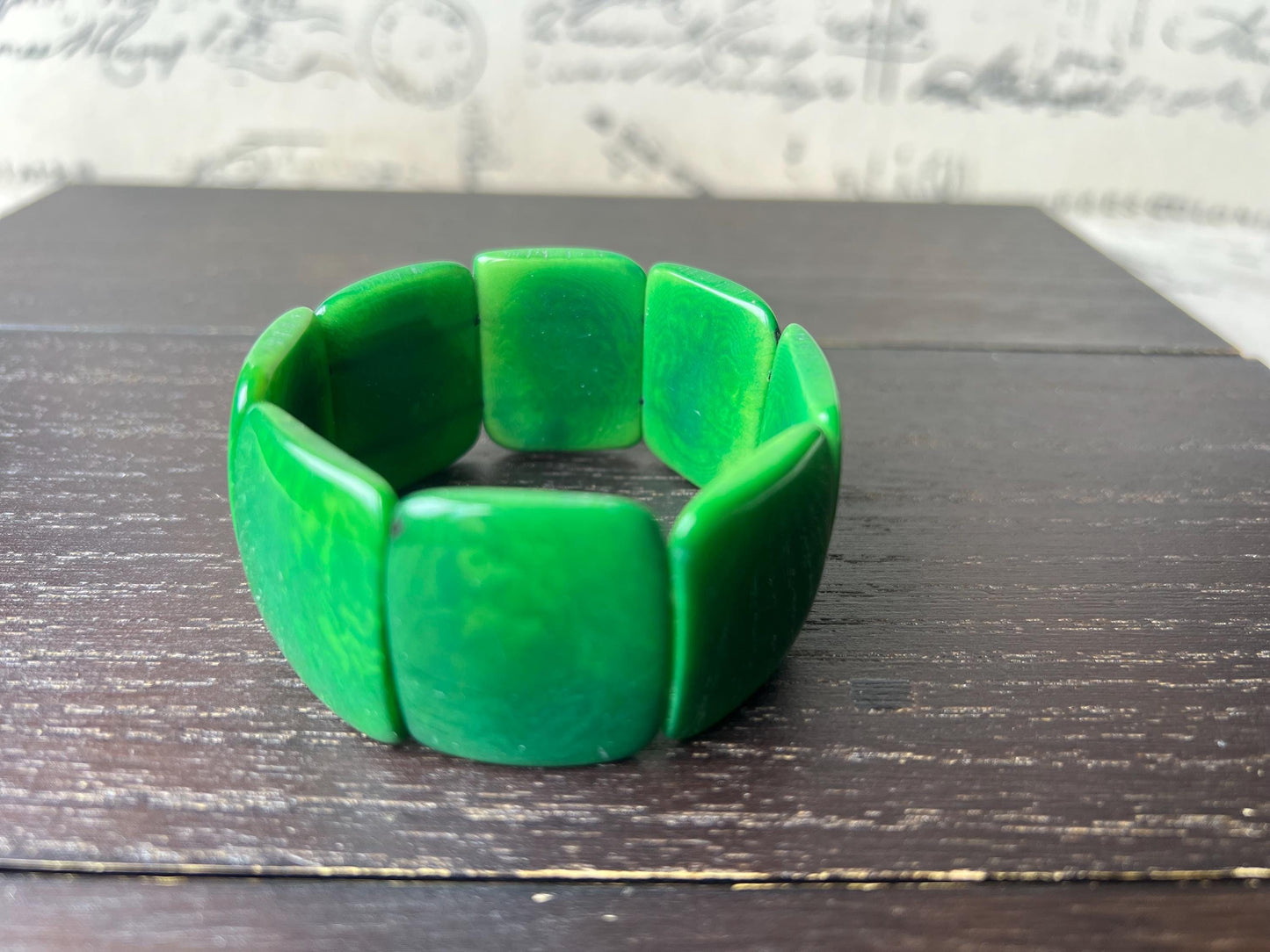 Green beaded bracelet Tagua nut jewelry Wide cuff bangle Fall fashion Art to wear Statement handmade bracelet Elastic stretch Art to wear