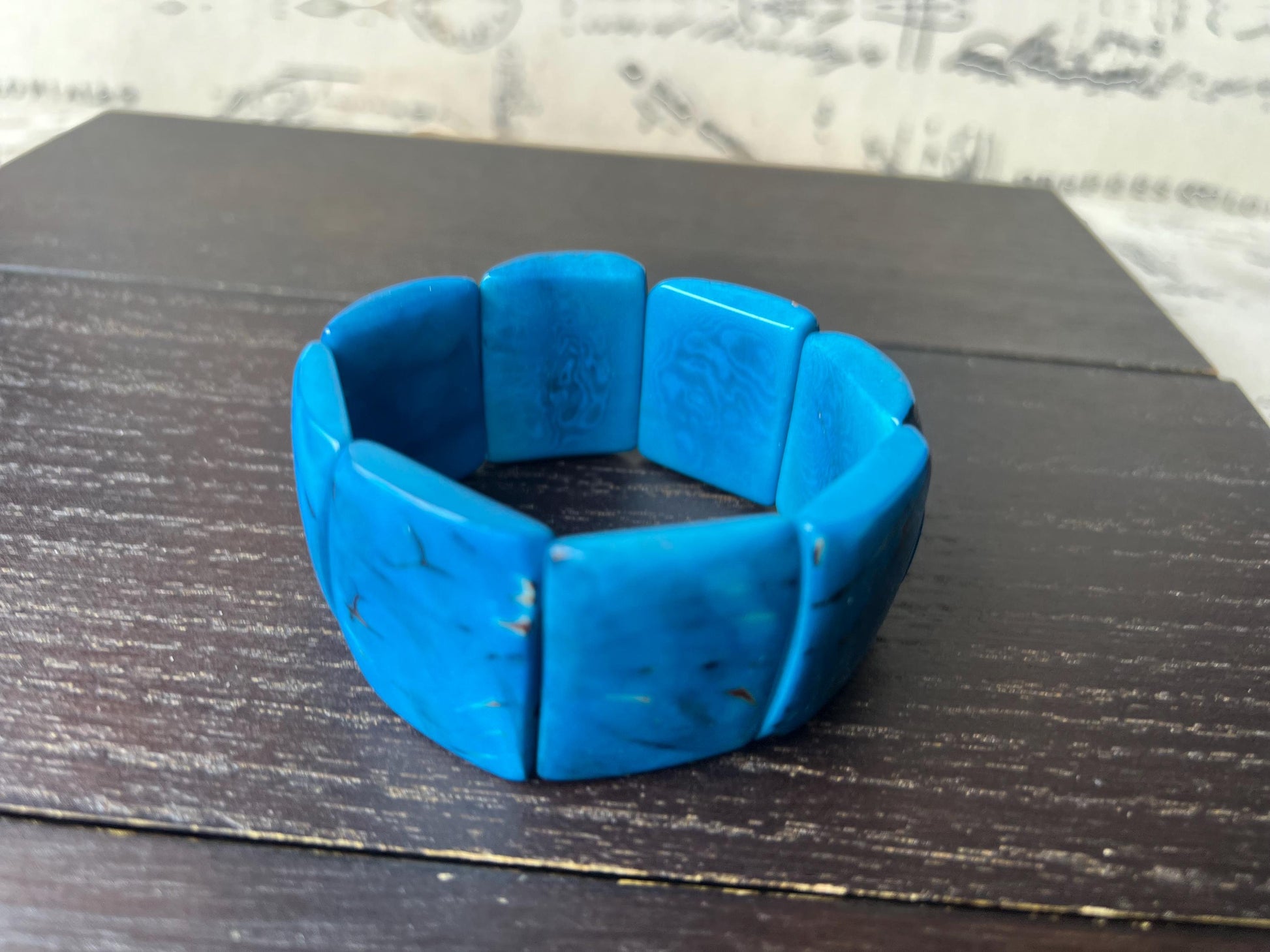 Blue huge statement bracelet Tagua jewelry Beaded stretch bangle Cuff bracelets Oversized beads Spring fashion Mothers day gifts Art to wear