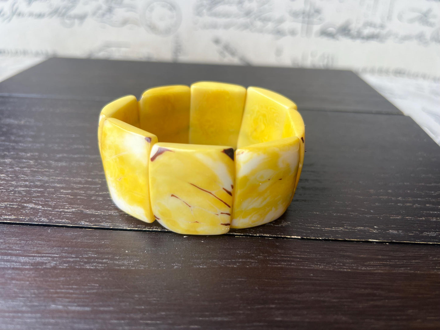 Yellow huge statement bracelet Tagua jewelry Beaded stretch bangle Elastic stretch cuff bracelets Oversized beads Art to wear Spring fashion