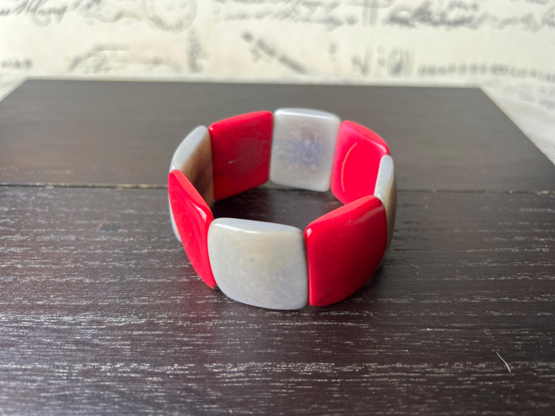 Gray and pink beaded bracelet Elastic stretch Tagua jewelry Geometric bracelet Artsy gifts Square bead bracelet Fall fashion Art to wear